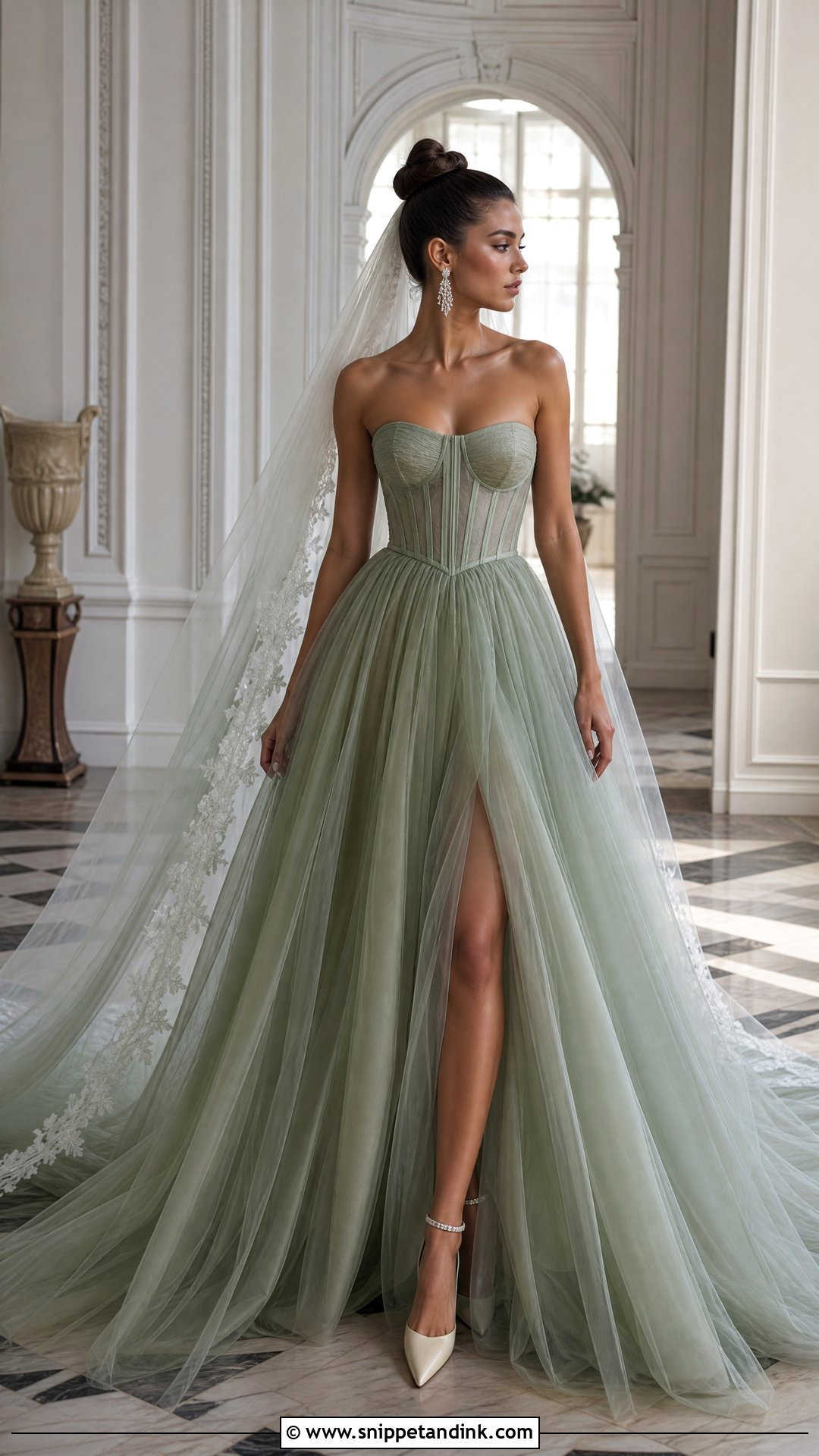 Sage Wedding Dress With Strapless Corset Bodice - Snippet and Ink - 20 Sage Wedding Dress Ideas