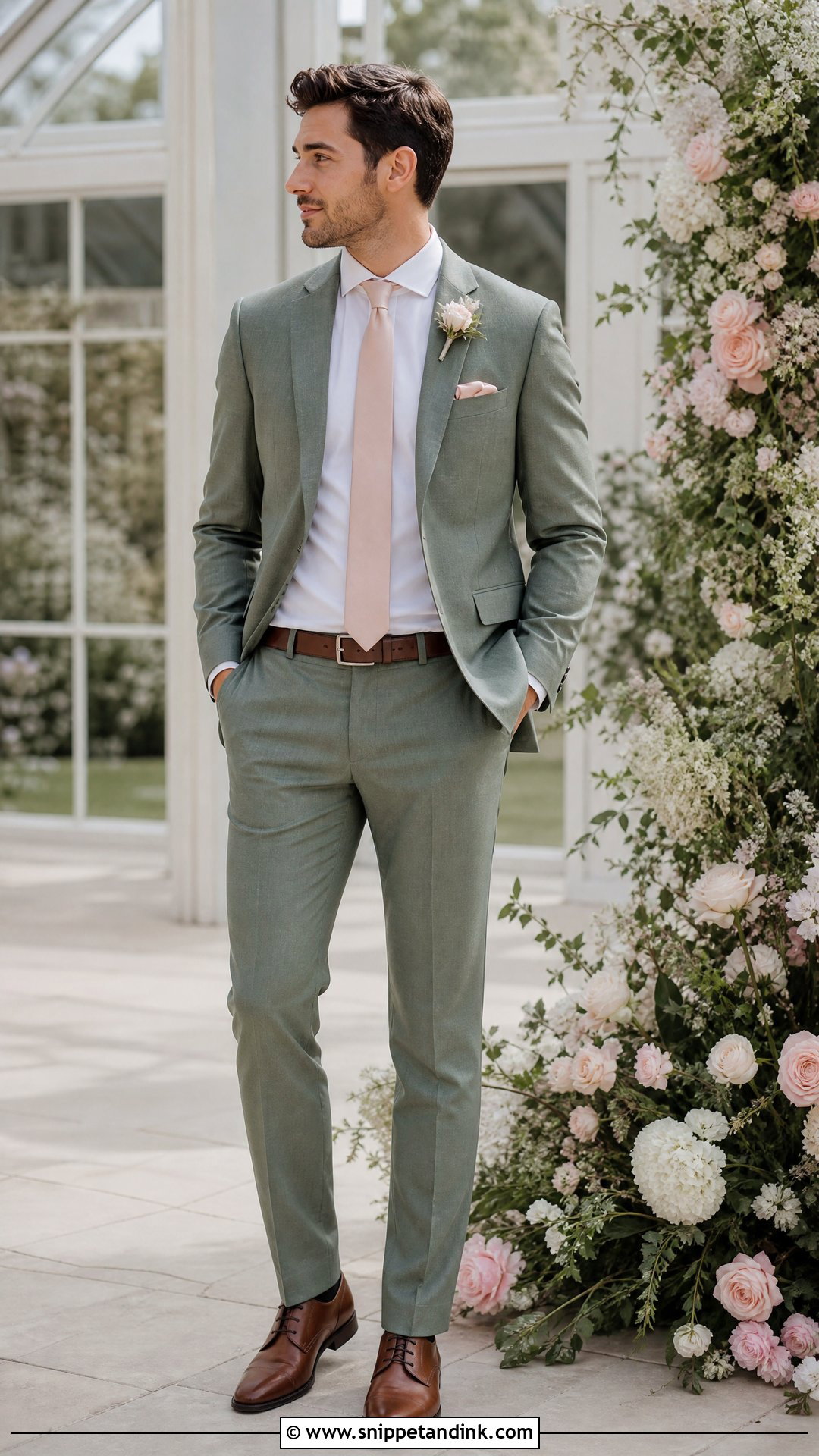 Sage Wedding Suit With Blush Accessories - Snippet and Ink - 20 Sage Wedding Suit Ideas