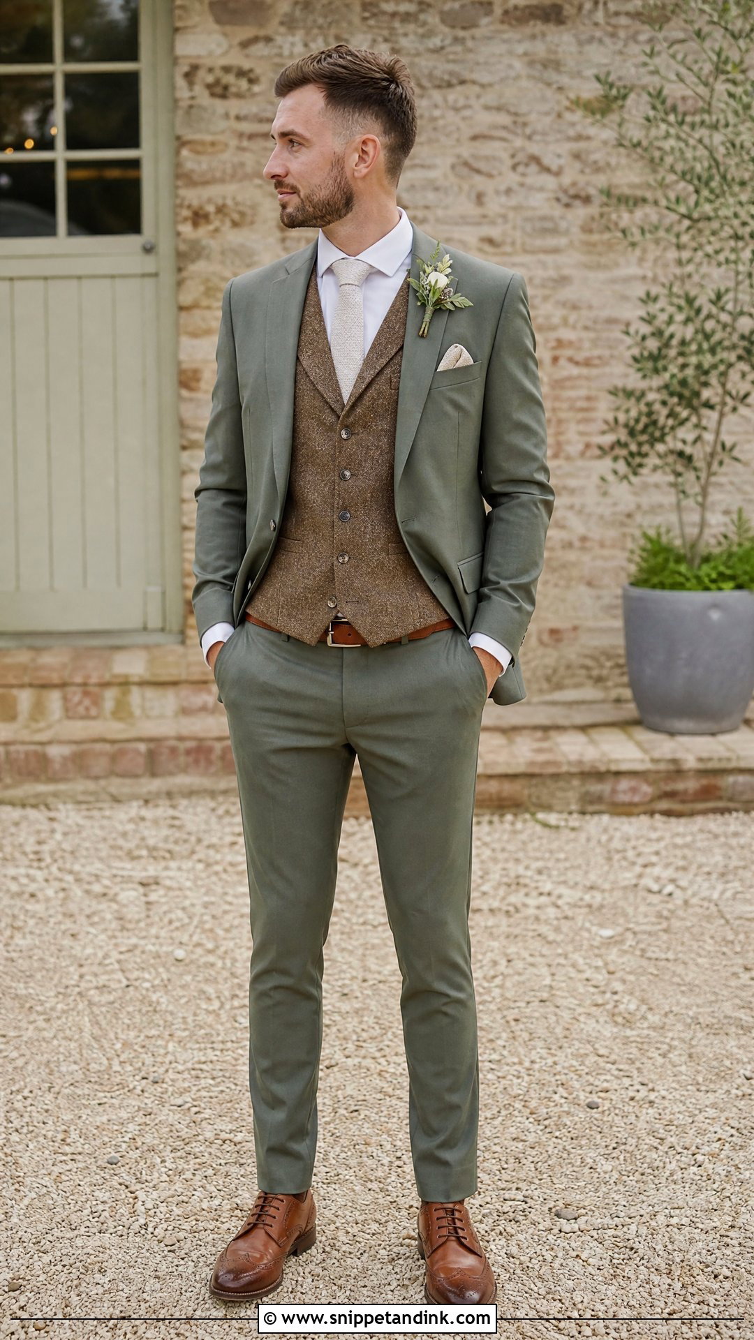 Sage Wedding Suit With Brown Vest - Snippet and Ink - 20 Sage Wedding Suit Ideas
