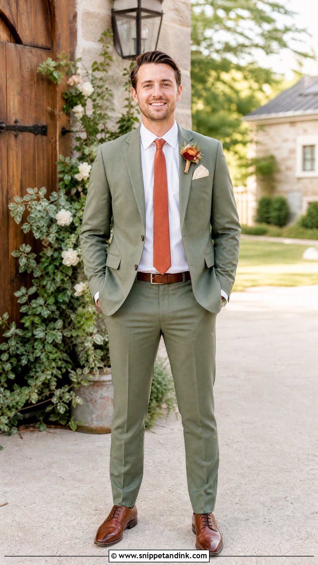Sage Wedding Suit With Terracotta Tie - Snippet and Ink - 20 Sage Wedding Suit Ideas