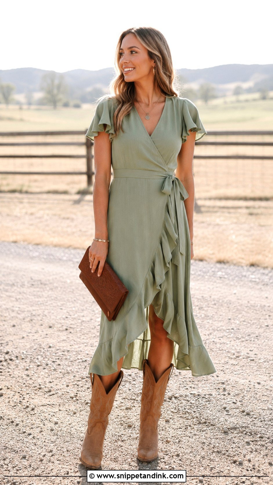 Sage Wrap Dress With Tan Cowboy Boots - Snippet and Ink - 20 Cowboy Wedding Outfit Ideas