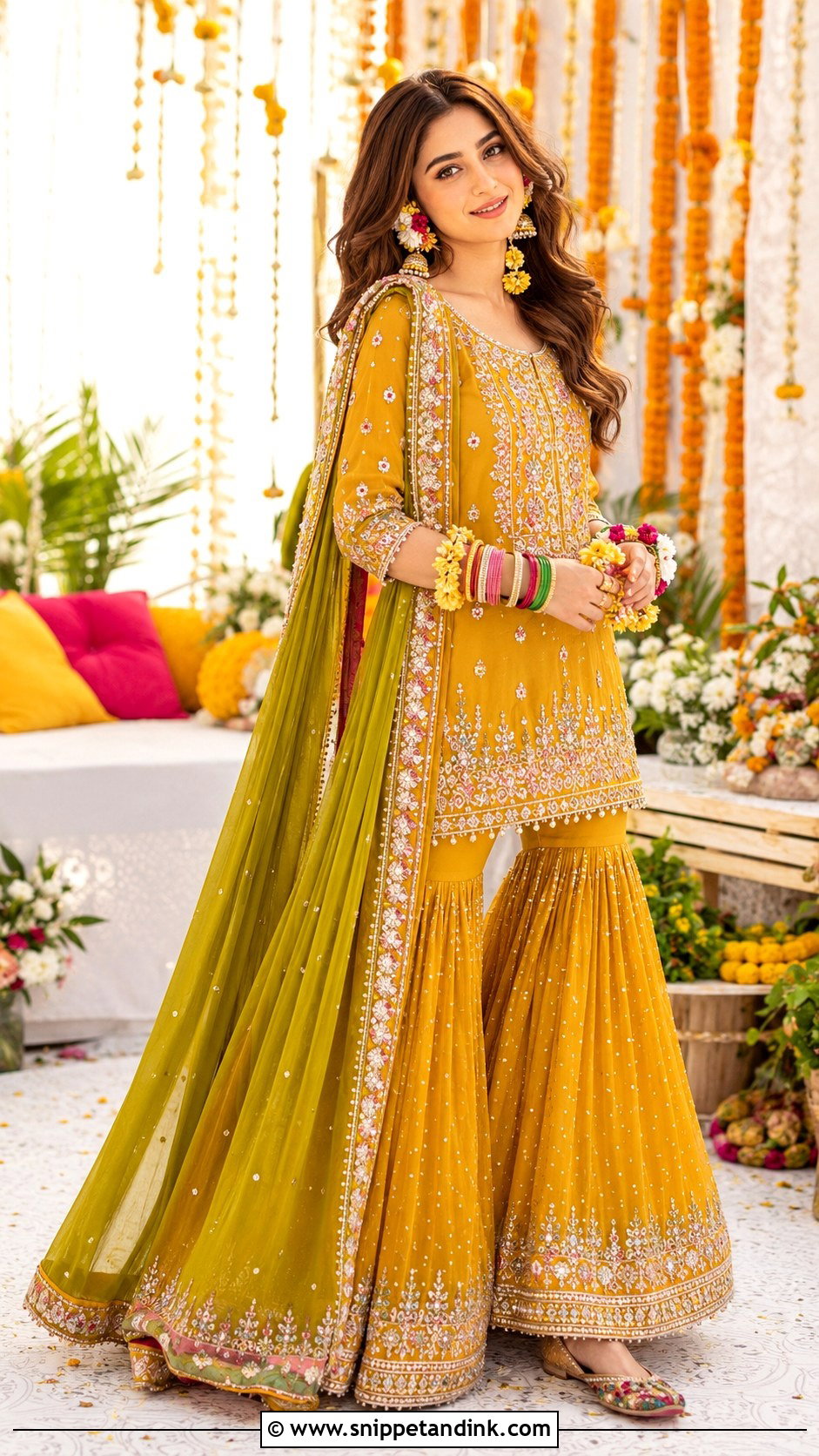 Sajal Ali Mehndi Sharara Look - Snippet and Ink - 25 Sajal Ali Bridal Look Ideas