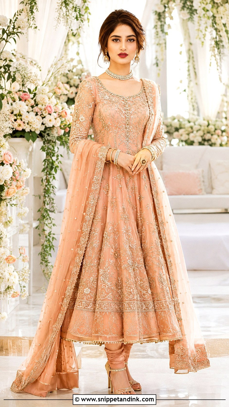 Sajal Ali Peach Bridal Anarkali Look - Snippet and Ink - 25 Sajal Ali Bridal Look Ideas