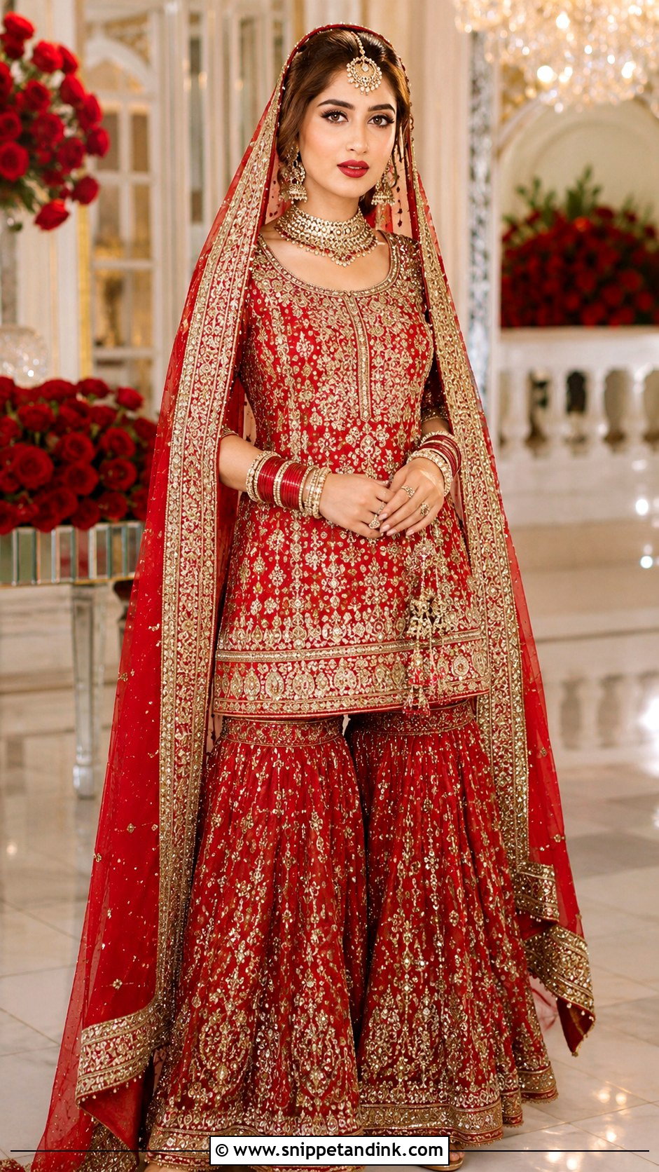 Sajal Ali Traditional Red Gharara Look - Snippet and Ink - 25 Sajal Ali Bridal Look Ideas