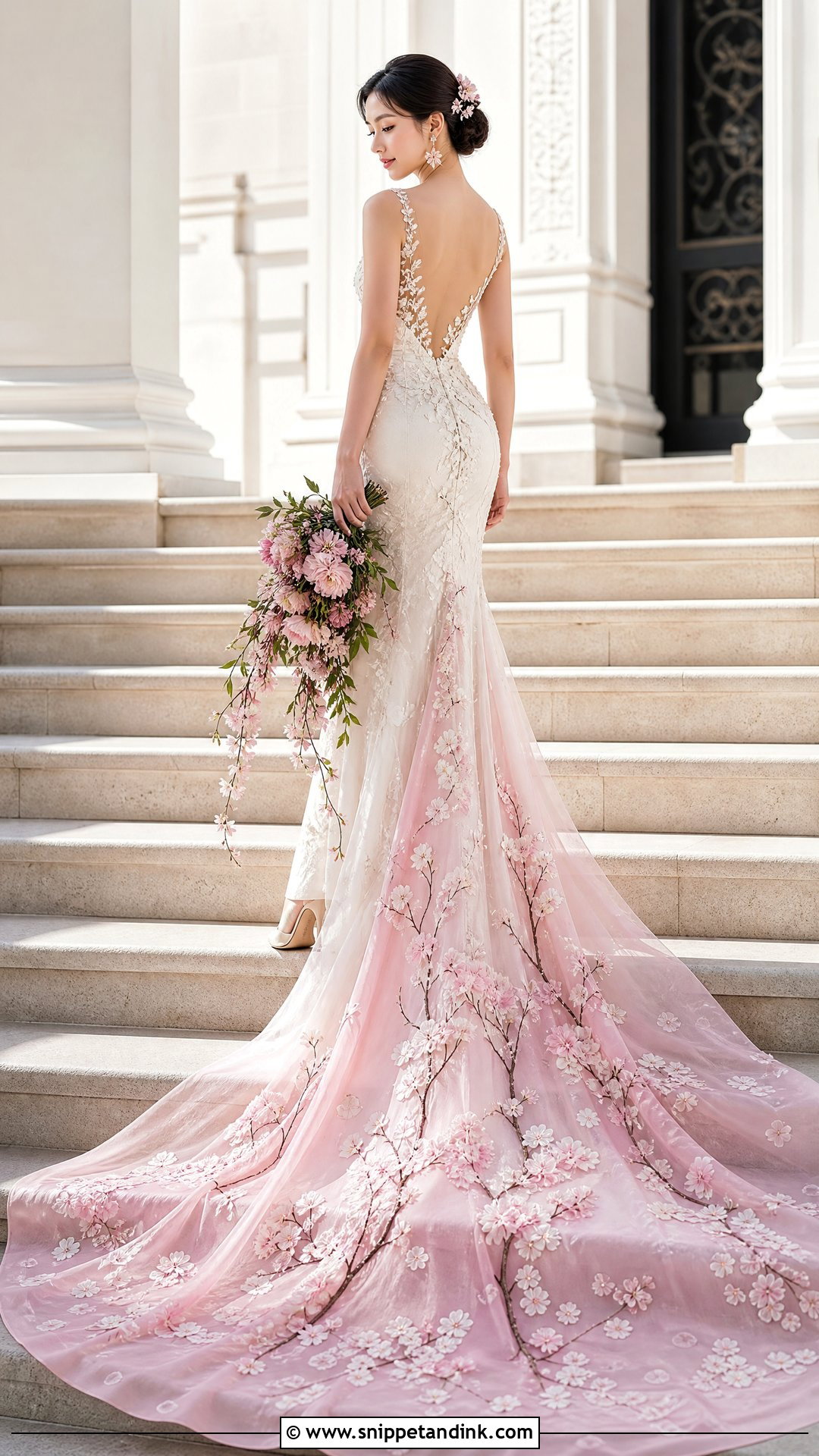Sakura Wedding Dress With Pink Train - Snippet and Ink - 20 Sakura Wedding Dress Ideas