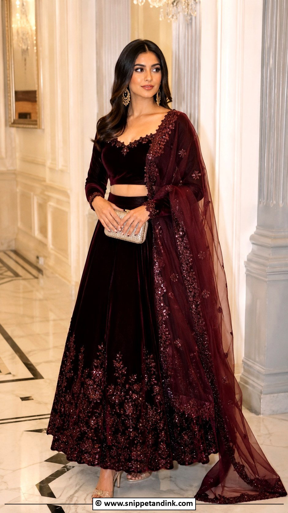Sangeet Velvet Lehenga Outfit - Snippet and Ink - 30 Sangeet Outfit Sisters Ideas