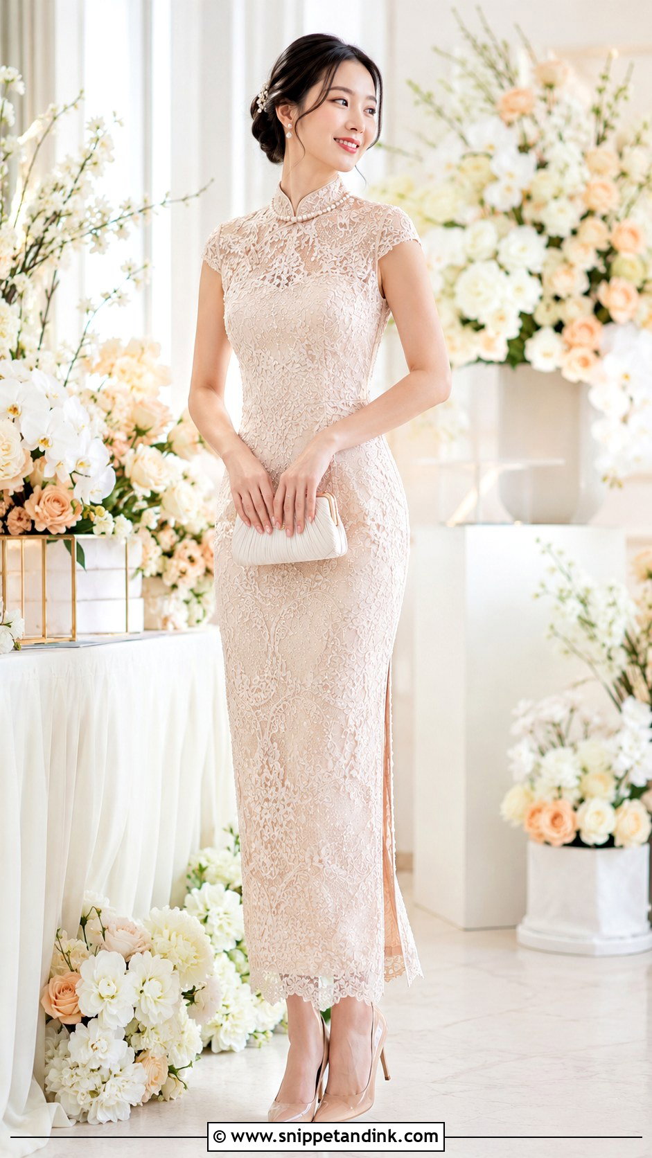 Sangjit Champagne Cheongsam Dress - Snippet and Ink - 30 Sangjit Dress Ideas