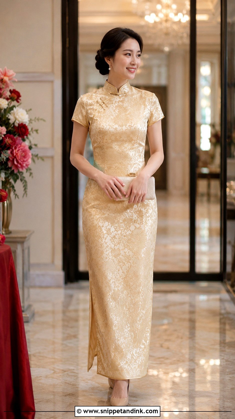 Sangjit Gold Qipao Dress - Snippet and Ink - 30 Sangjit Dress Ideas