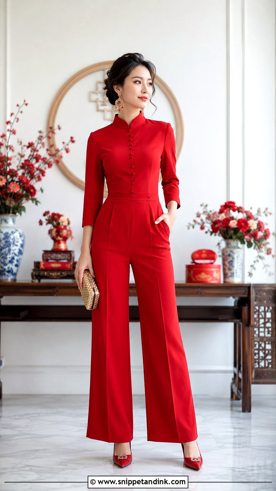 Sangjit Jumpsuit With Qipao Collar - Snippet and Ink - 30 Sangjit Dress Ideas