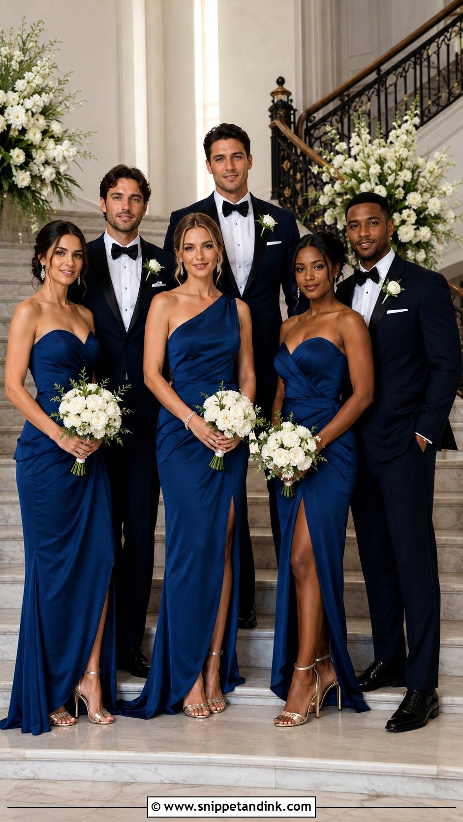 Sapphire Blue Gowns With Midnight Blue Tuxedos - Snippet and Ink - 20 Blue Wedding Party Attire Ideas