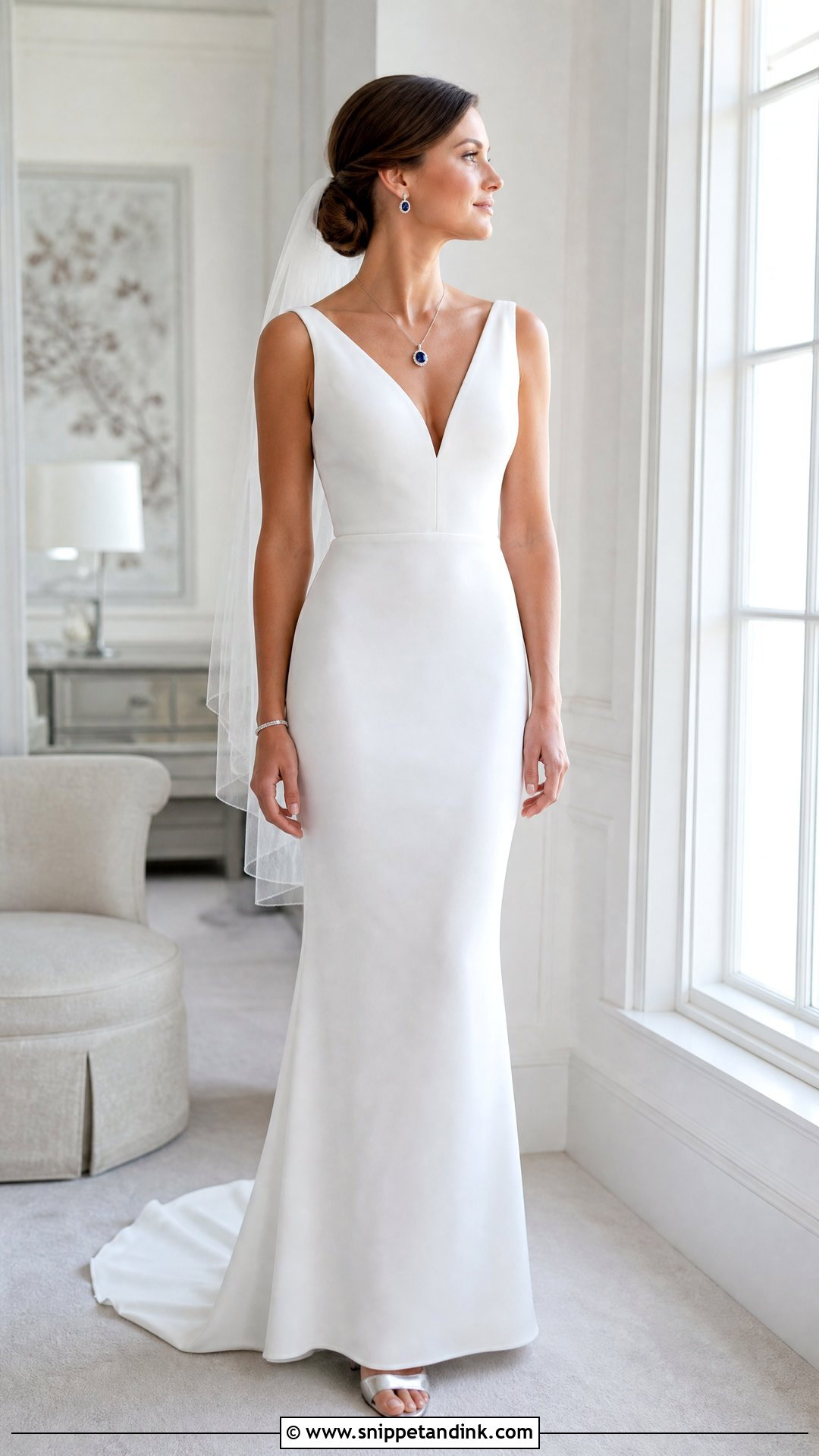 Sapphire Pendant With White Wedding Dress - Snippet and Ink - 20 Wedding Dress Necklace Ideas