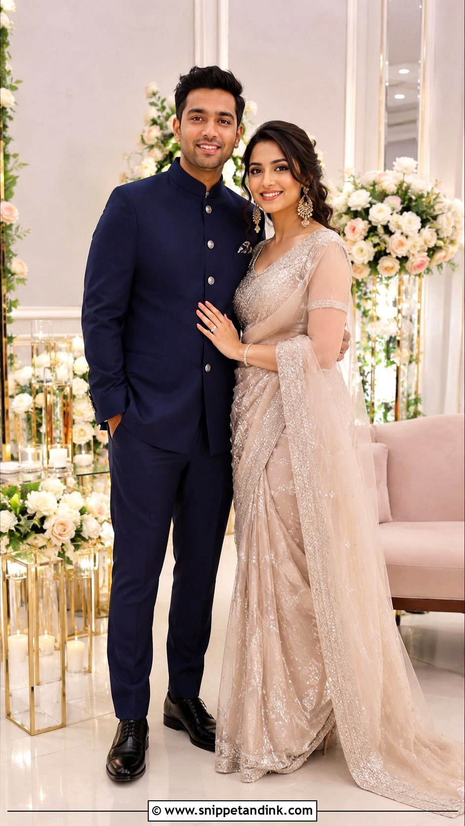 Saree And Bandhgala Suit - Snippet and Ink - 25 Indian Couple Ring Ceremony Dress Ideas