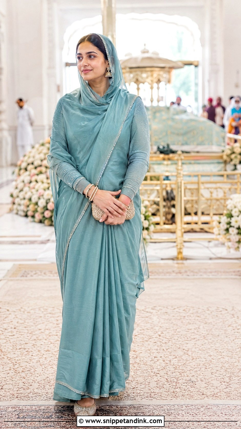Saree And Long Sleeve Blouse For Gurdwara Wedding - Snippet and Ink - 20 Gurdwara Wedding Outfit Ideas