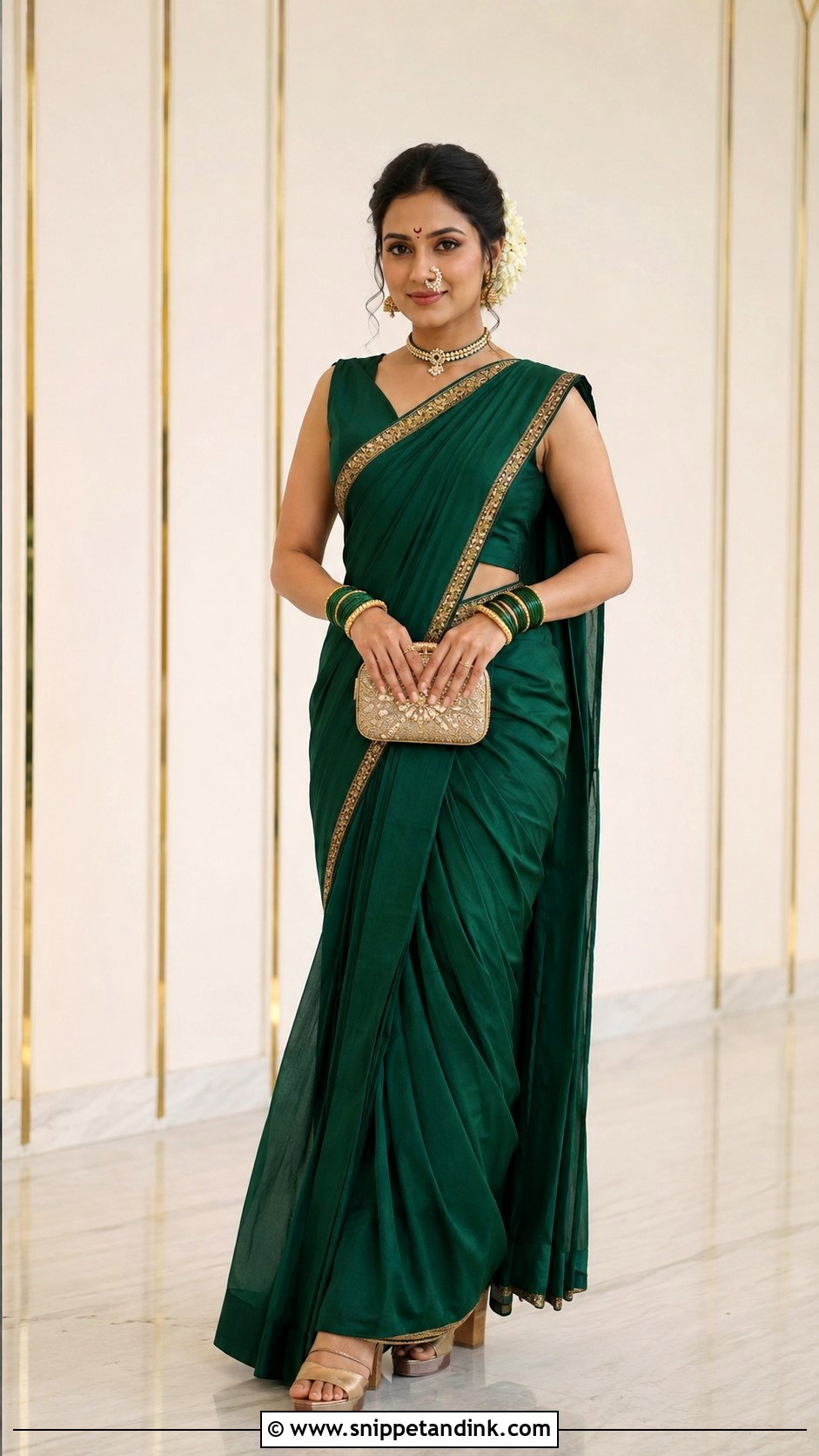 Saree Gown With Maharashtrian Accessories - Snippet and Ink - 20 Maharatrian Wedding Outfit Ideas