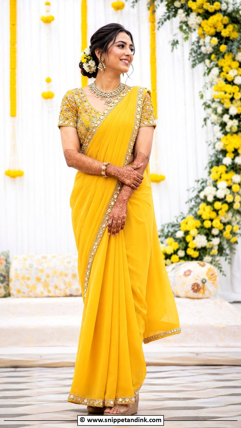 Saree Mehendi Bridal Outfit - Snippet and Ink - 30 Mehendi Bridal Outfit Ideas