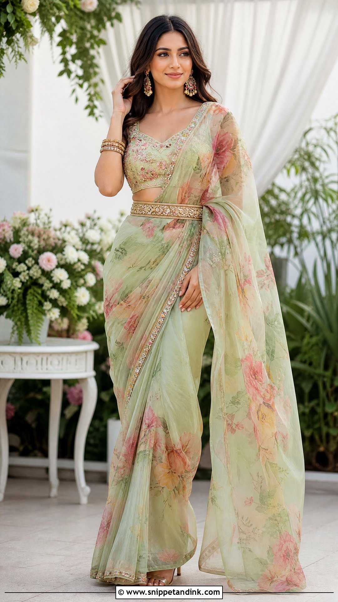 Saree With Belt For Mehendi Function - Snippet and Ink - 25 Mehendi Function Outfit Ideas