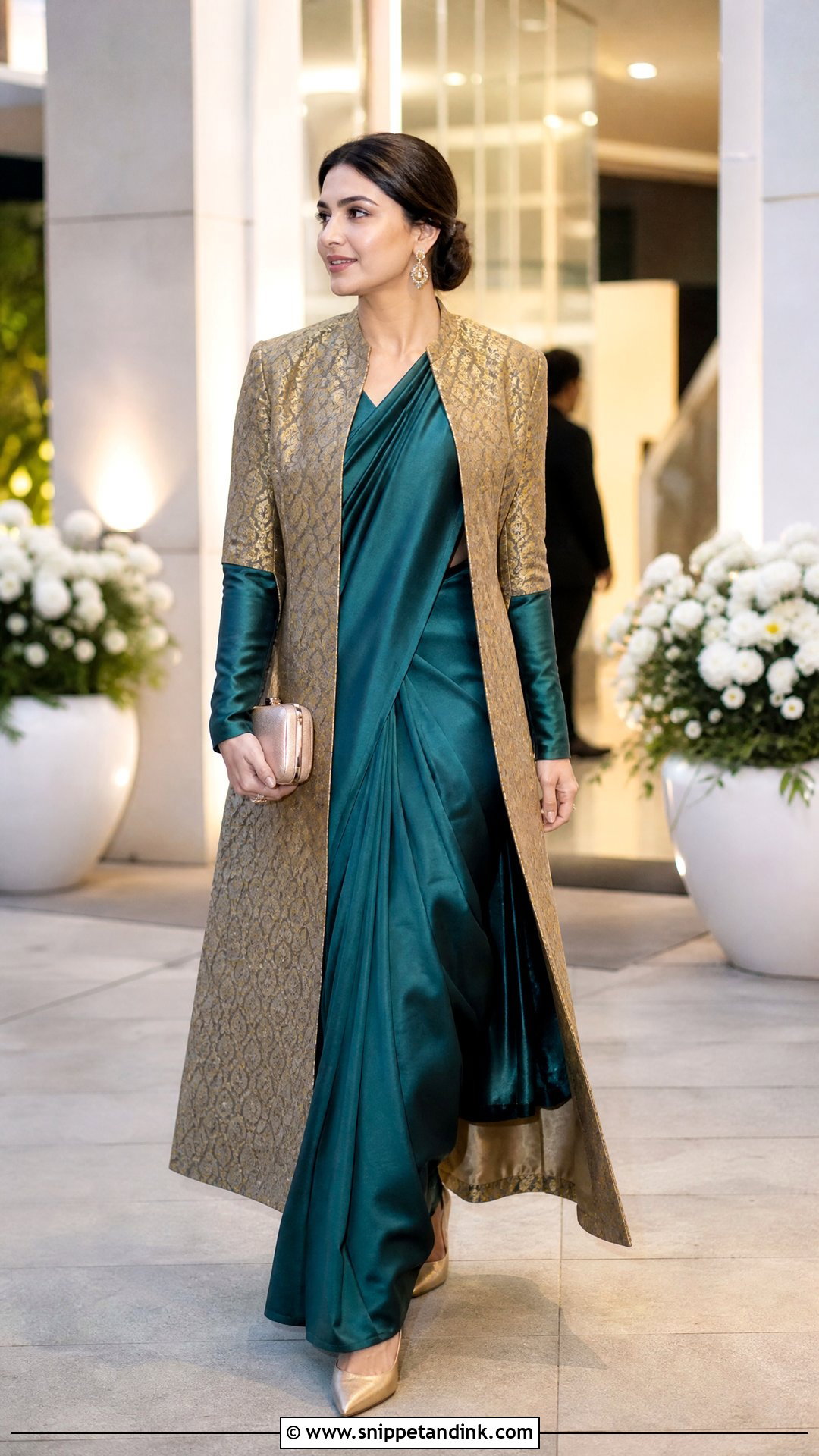 Saree With Long Coat Winter Marriage Outfit - Snippet and Ink - 20 Winter Marriage Outfit for Women Ideas