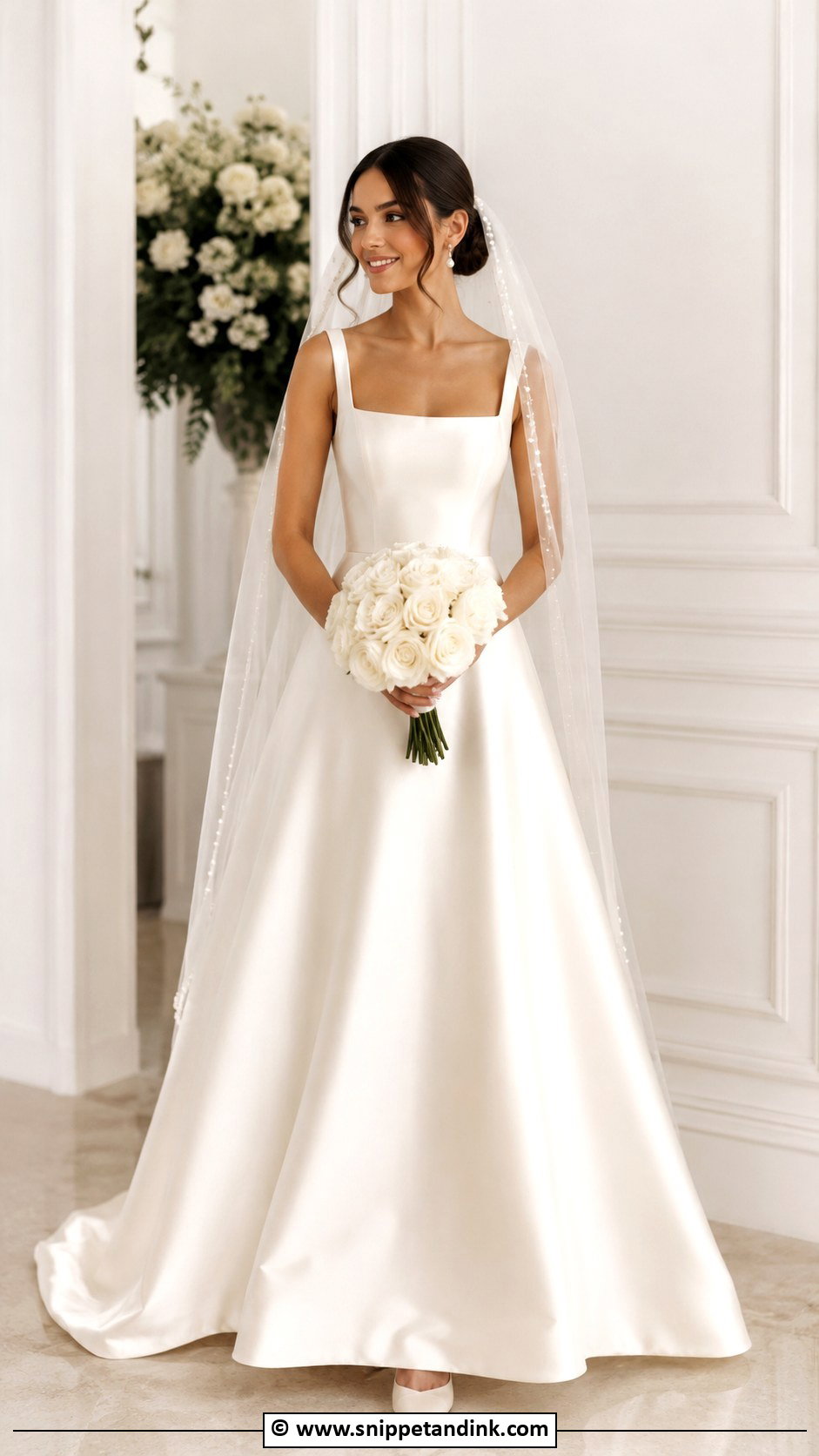 Satin A Line Bride Gown With Pearl Veil - Snippet and Ink - 25 Bride Gowns