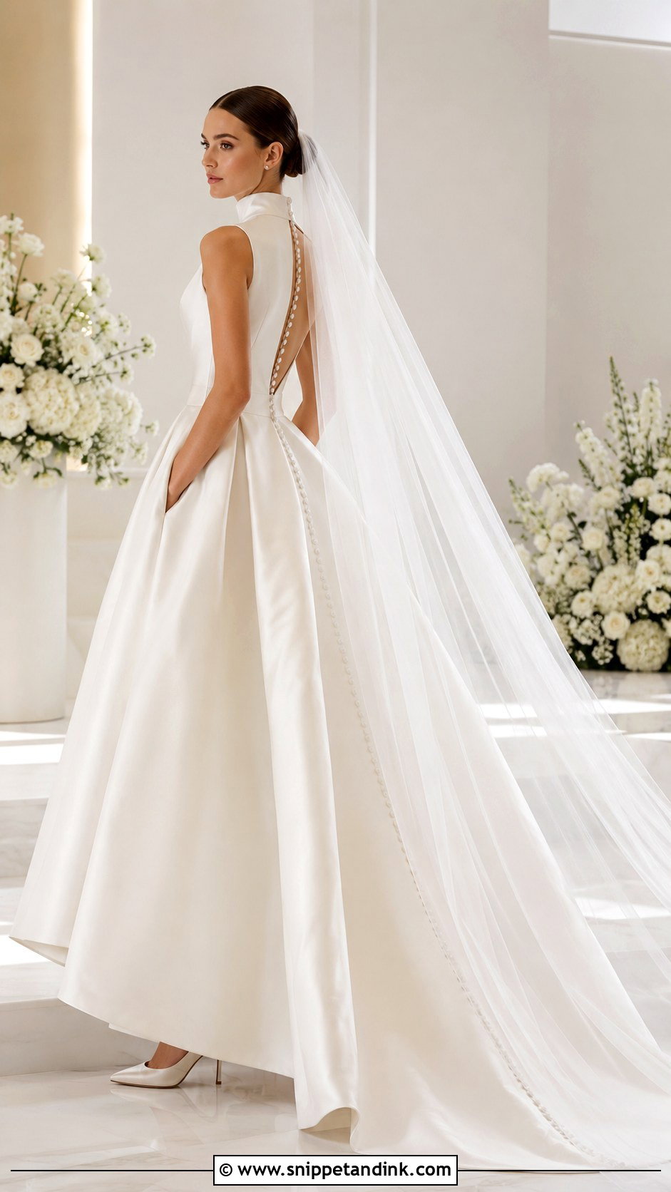 Satin A Line High Neck Wedding Gown - Snippet and Ink - 20 High Neck Wedding Gown Ideas