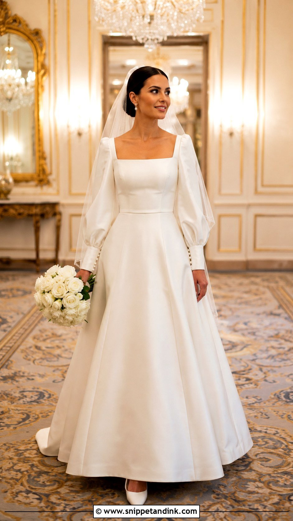 Satin A Line Long Puff Sleeve Wedding Dress - Snippet and Ink - 20 Long Puff Sleeve Wedding Dress Ideas