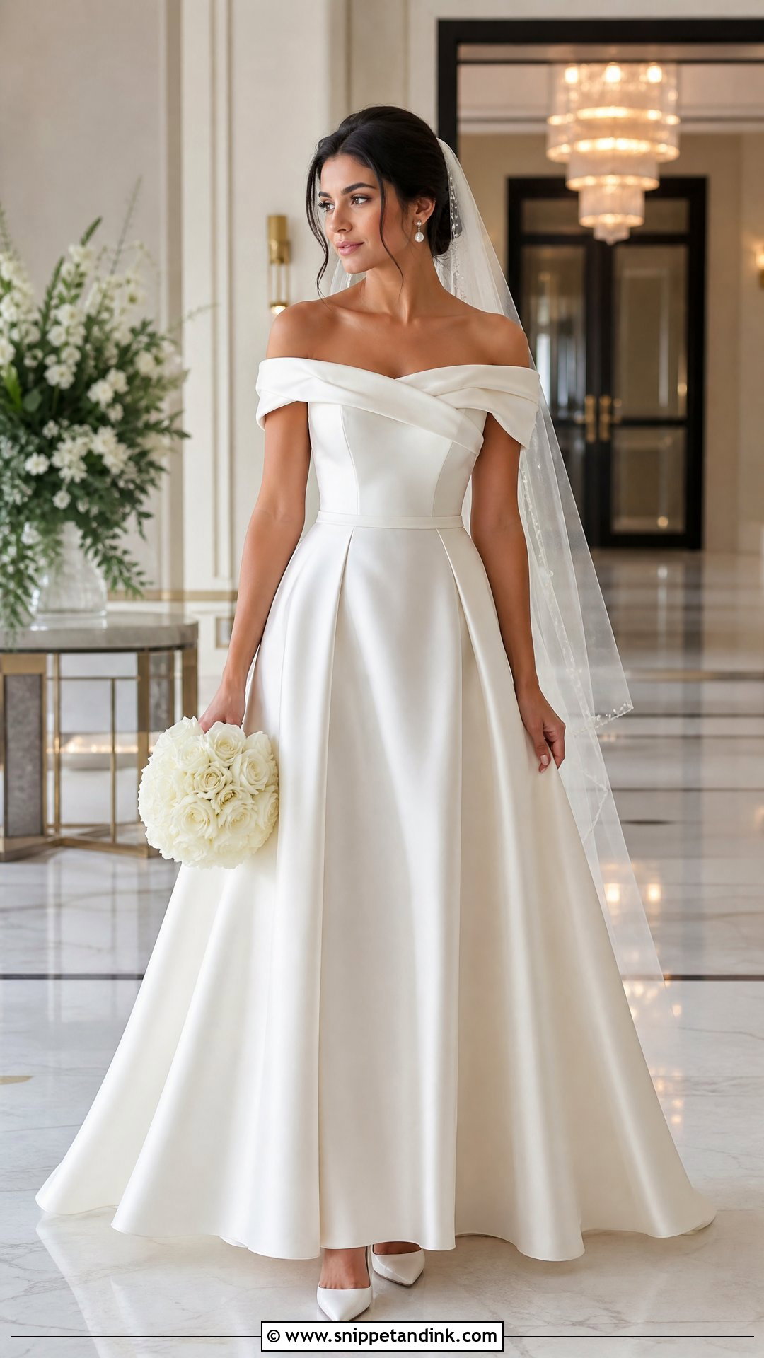 Satin A Line Over the Shoulder Wedding Dress - Snippet and Ink - 20 Over the Shoulder Wedding Dress Ideas