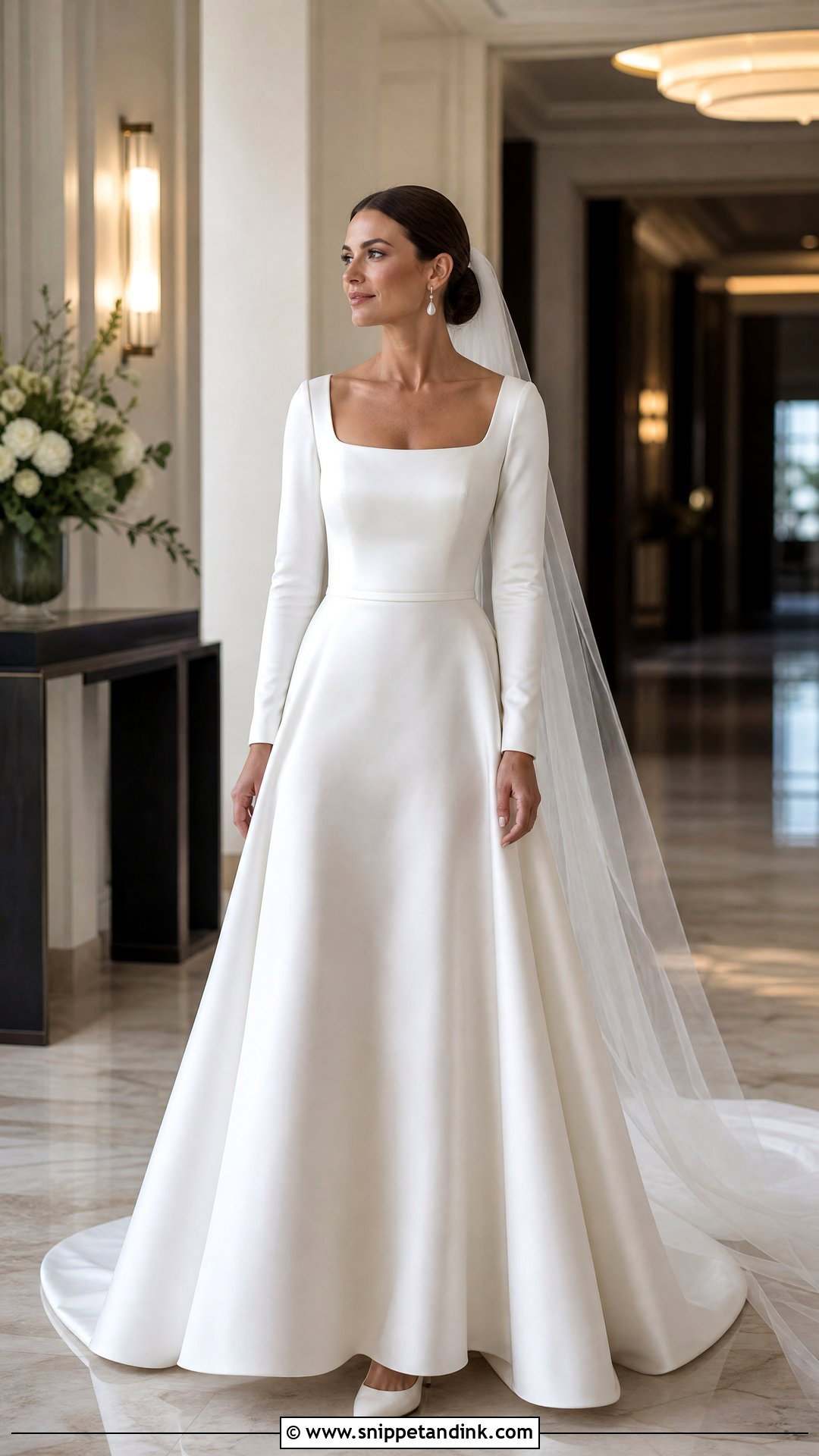 Satin A Line Square Neck Long Sleeve Wedding Dress - Snippet and Ink - 20 Square Neck Long Sleeve Wedding Dress Ideas