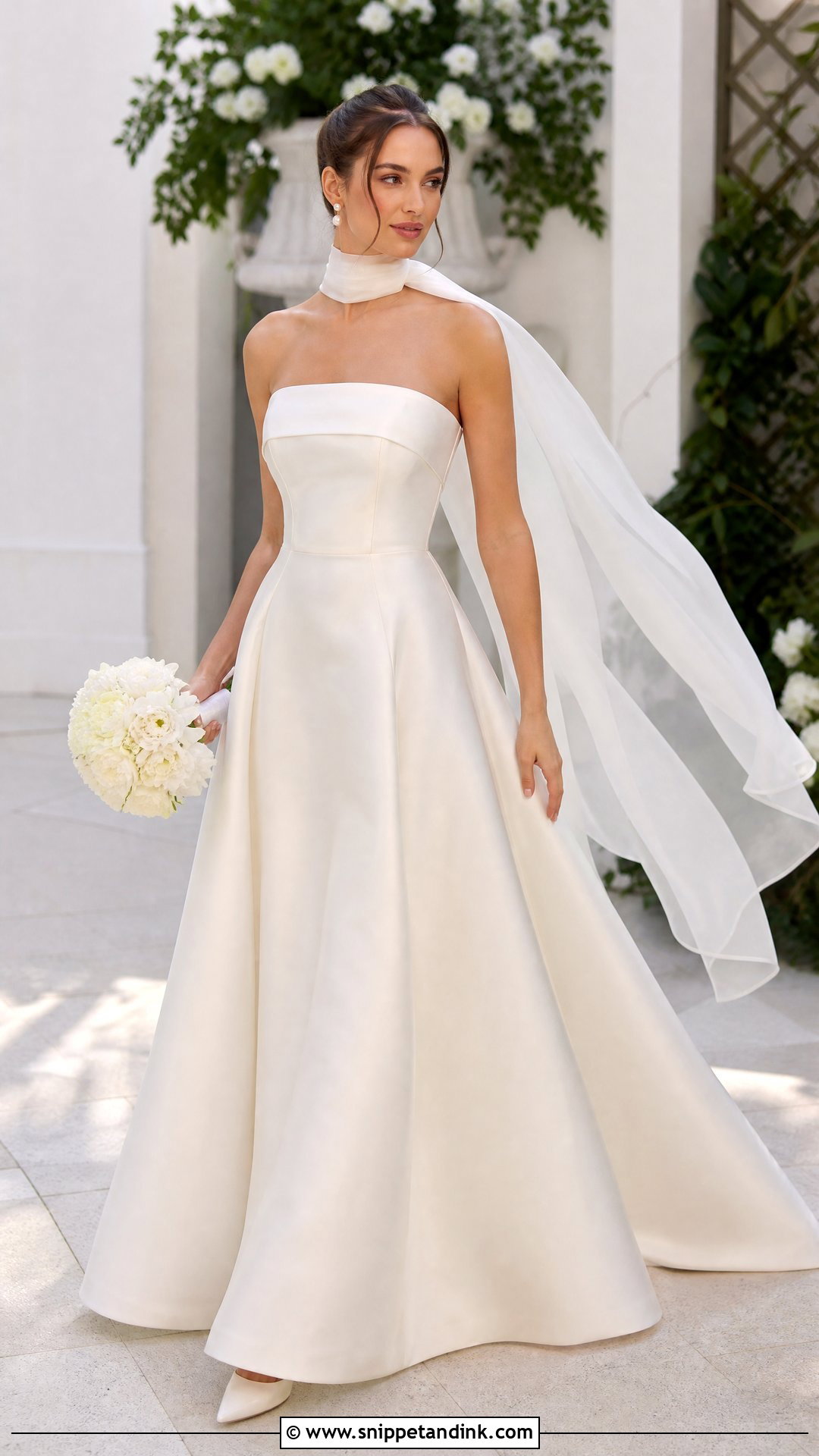Satin A Line Strapless Wedding Dress With Chiffon Scarf - Snippet and Ink - 20 Strapless Wedding Dress with Scarf Ideas