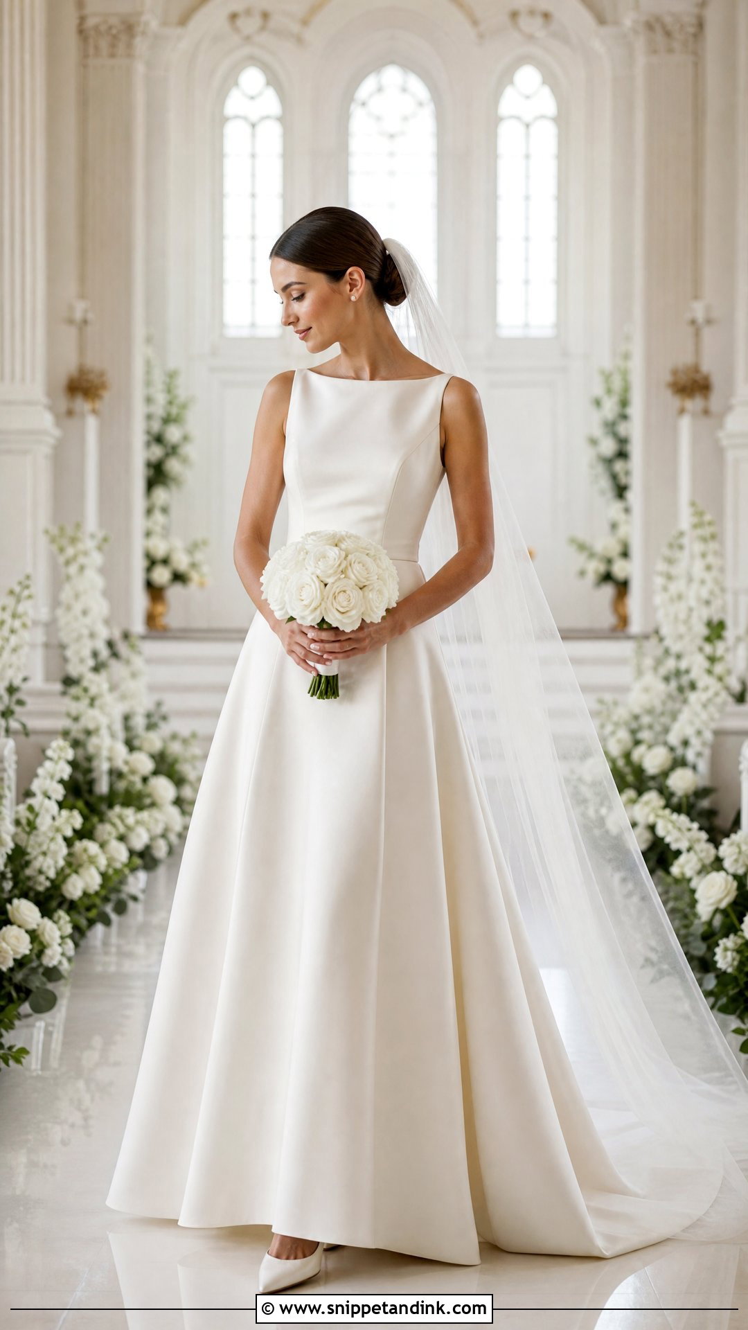 Satin A Line Wedding Dress With Cathedral Veil - Snippet and Ink - 20 Wedding Dress Combination Ideas