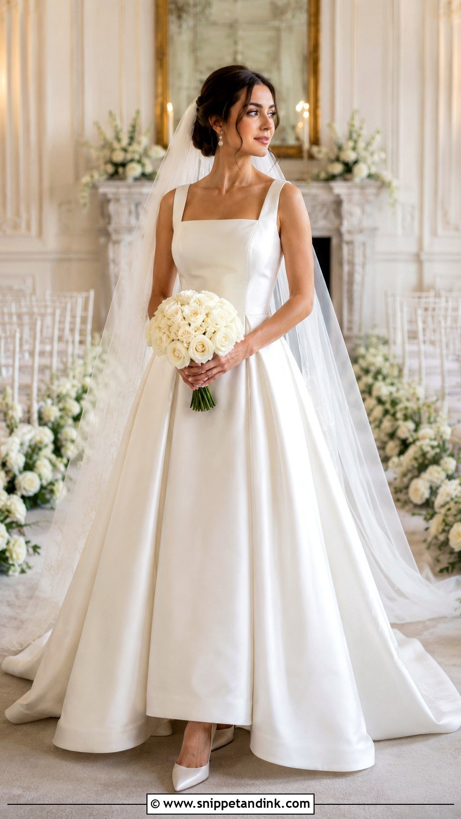 Satin A Line Wedding Dress With Cathedral Veil - Snippet and Ink - 20 A Shape Wedding Dress Ideas