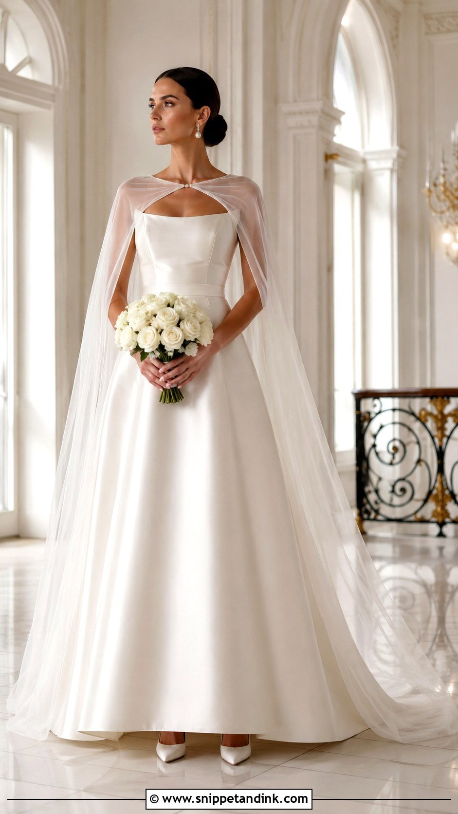 Satin A Line Wedding Dress With Detachable Tulle Cape - Snippet and Ink - 20 Detachable Cape Wedding Dress Ideas