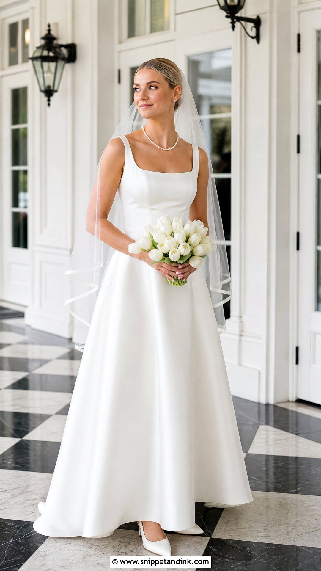 Satin A Line Wedding Dress With Pearl Necklace - Snippet and Ink - 20 Wedding Dress with Pearl Necklace Ideas