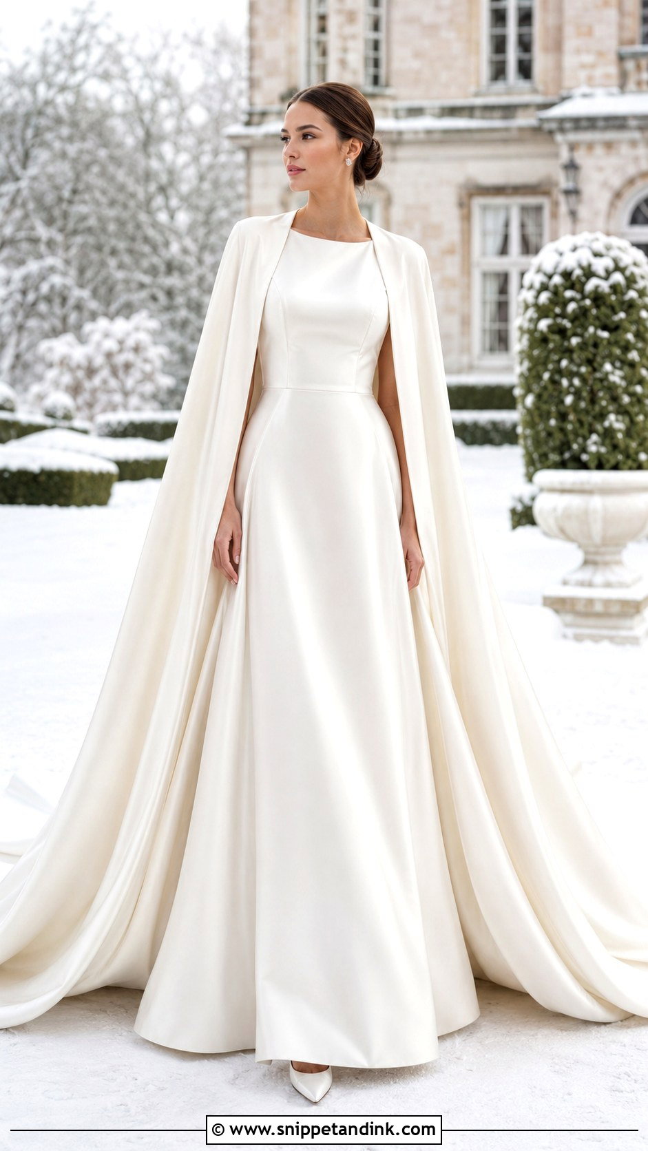 Satin A Line Winter Bridal Gown With Cathedral Cape - Snippet and Ink - 20 Winter Bridal Outfit Ideas