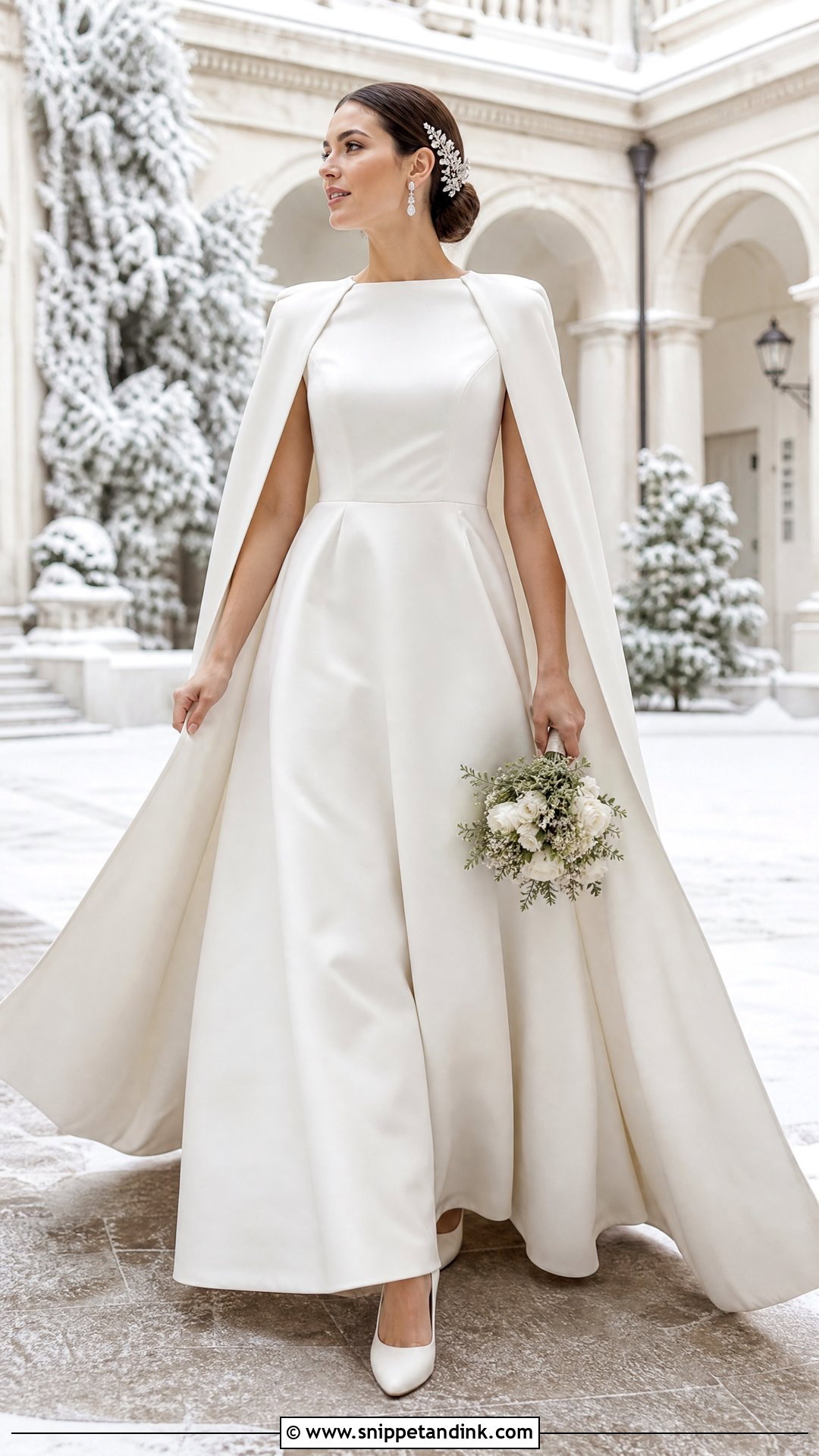 Satin A Line Winter Wedding Gown With Cape - Snippet and Ink - 25 Winter Wedding Gowns