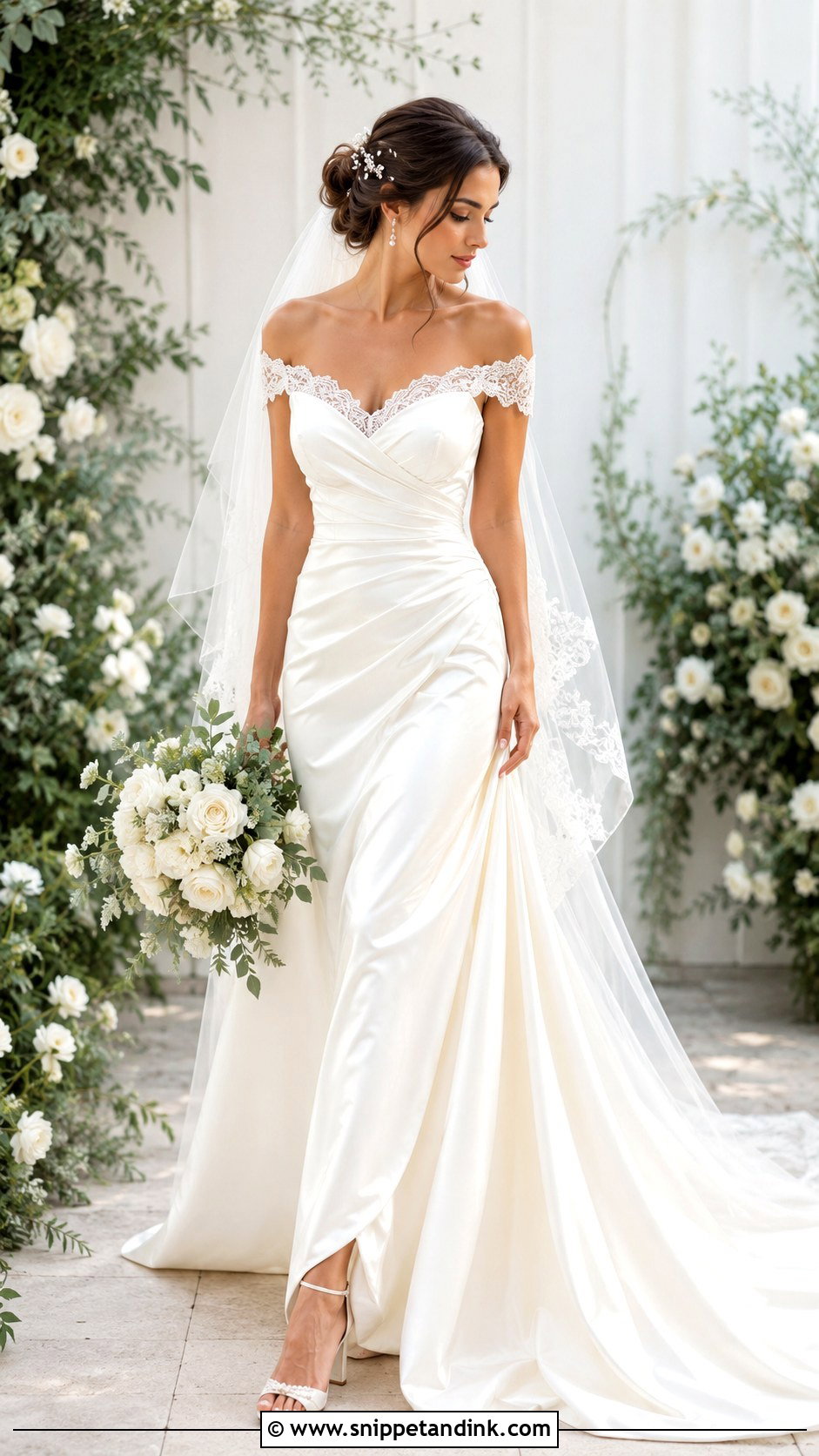 Satin And Lace Off Shoulder Wedding Dress - Snippet and Ink - 25 Satin and Lace Wedding Dress Ideas