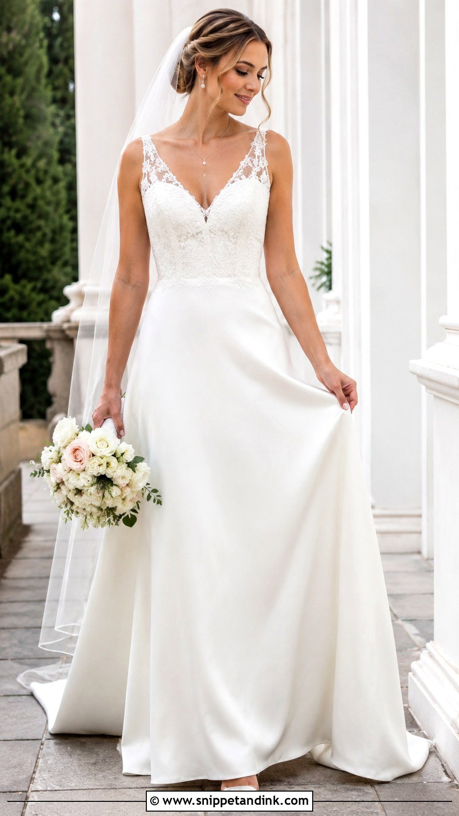 Satin And Lace V Neck Wedding Dress - Snippet and Ink - 25 Satin and Lace Wedding Dress Ideas
