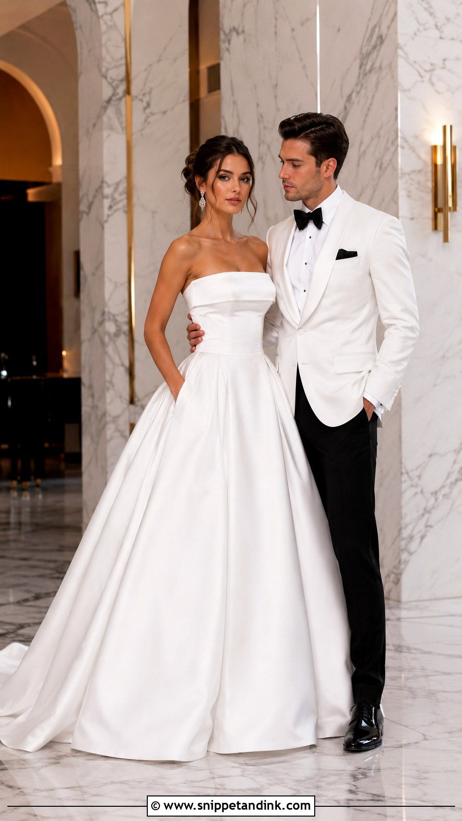 Satin Ball Gown And White Dinner Jacket Wedding Couple Outfit - Snippet and Ink - 25 Wedding Couple Outfits