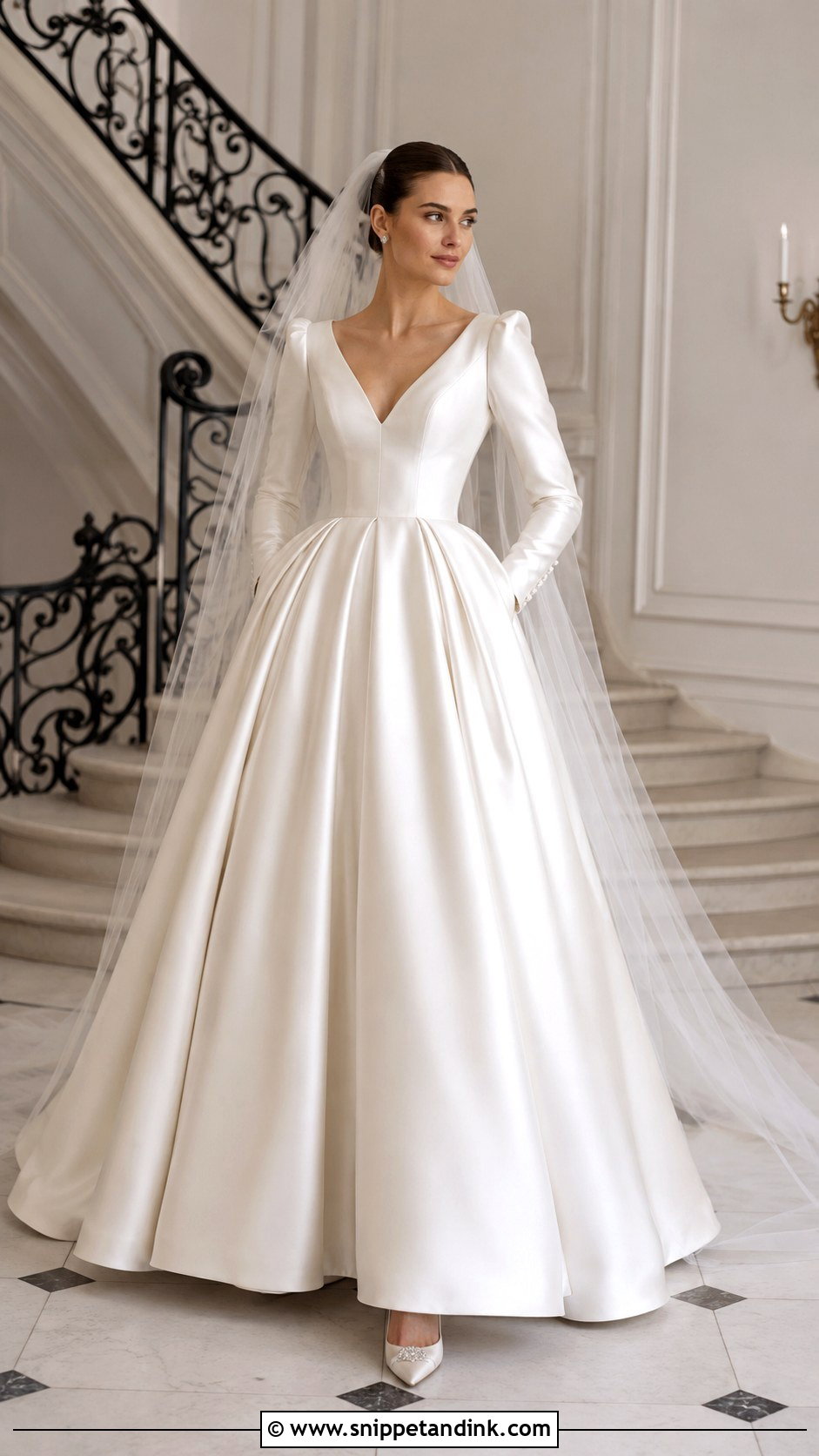 Satin Ball Gown Long Sleeve V Neck Wedding Dress - Snippet and Ink - 20 Long Sleeve V Neck Wedding Dress Ideas