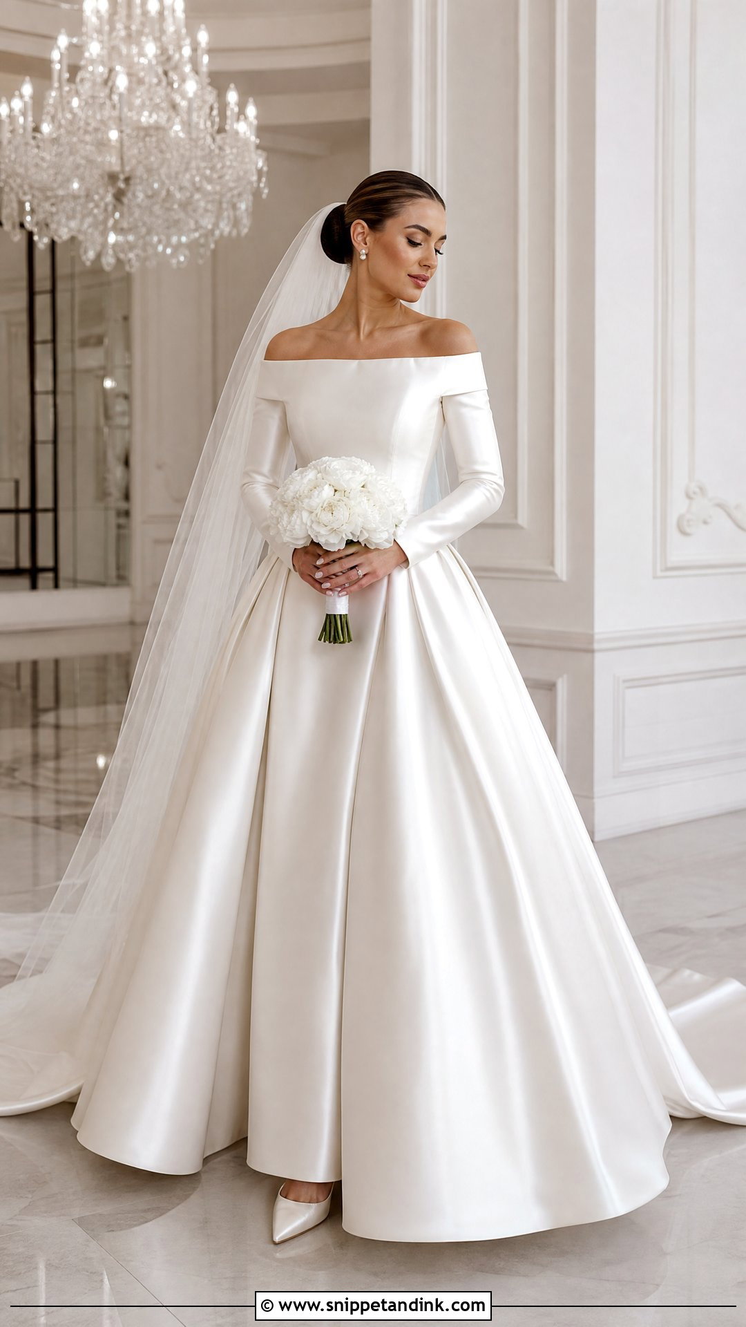 Satin Ball Gown Off the Shoulder Long Sleeve Wedding Dress - Snippet and Ink - 20 Off the Shoulder Long Sleeve Wedding Ideas