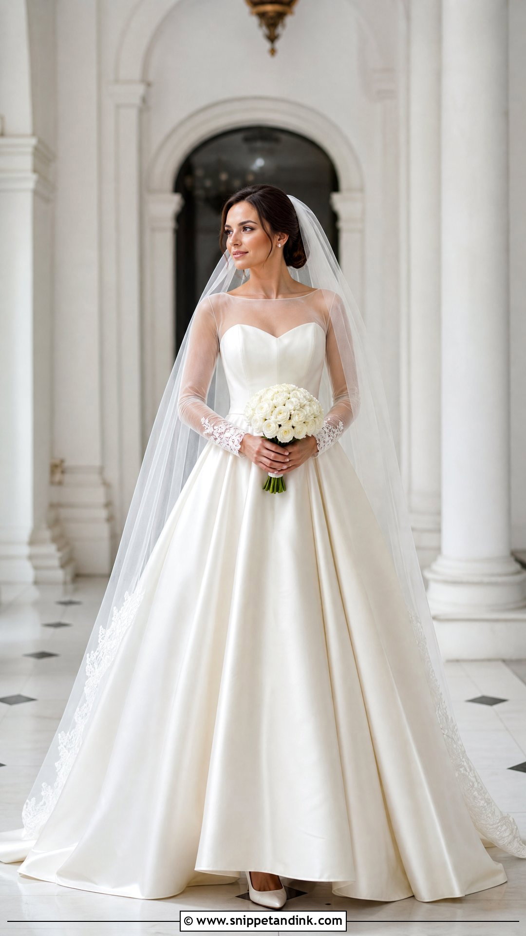 Satin Ball Gown Wedding Dress With Sheer Sleeves - Snippet and Ink - 20 Wedding Dress with Sheer Sleeves