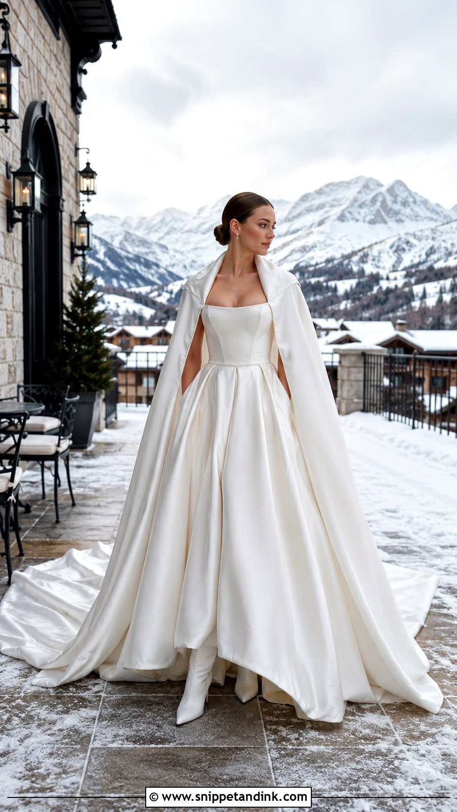 Satin Ball Gown With Bridal Cape - Snippet and Ink - 20 Snow Wedding Dress Ideas