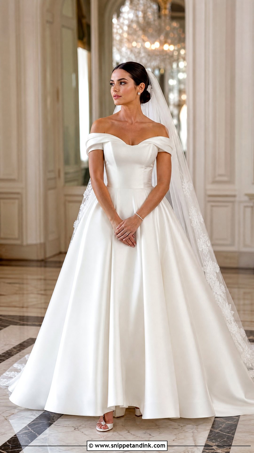 Satin Ball Gown With Draped Off Shoulder Sleeves - Snippet and Ink - 20 Wedding Dresses Off the Shoulder Sleeves