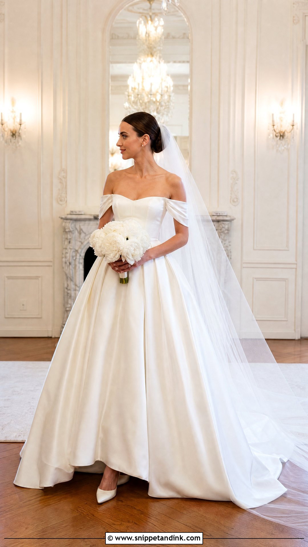Satin Ball Gown With Draped Off Shoulder Sleeves - Snippet and Ink - 20 Wedding Dress Off Shoulder Sleeves