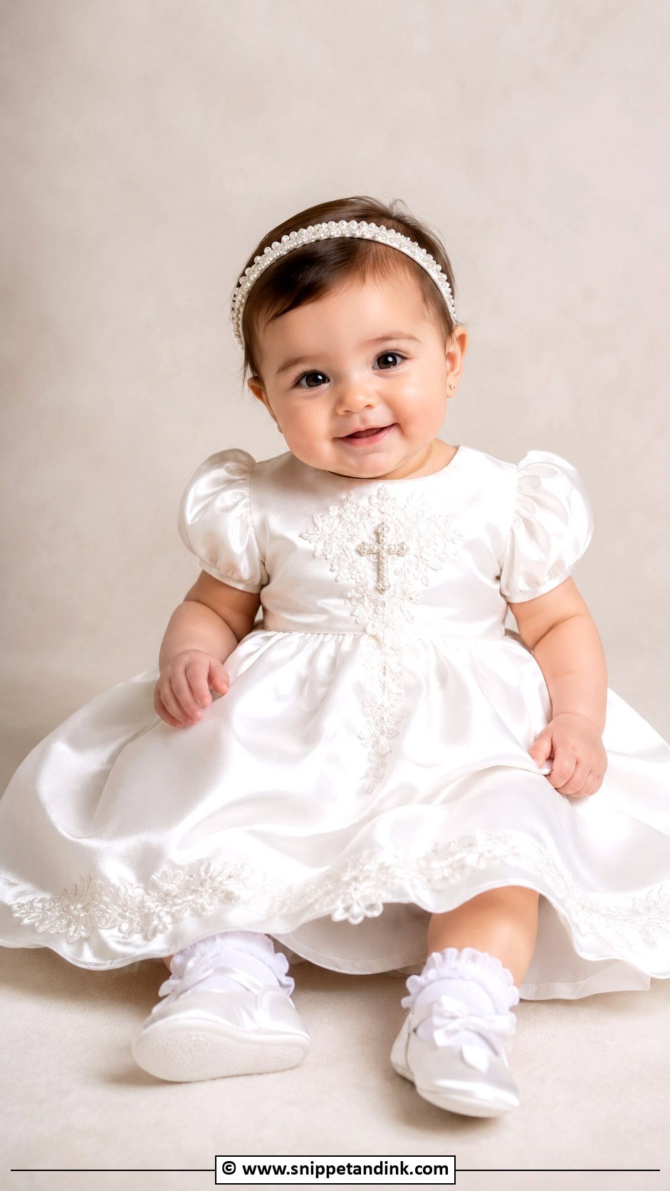 Satin Baptism Dress With Pearl Headband - Snippet and Ink - 25 Baby Girl Baptism Dress Ideas