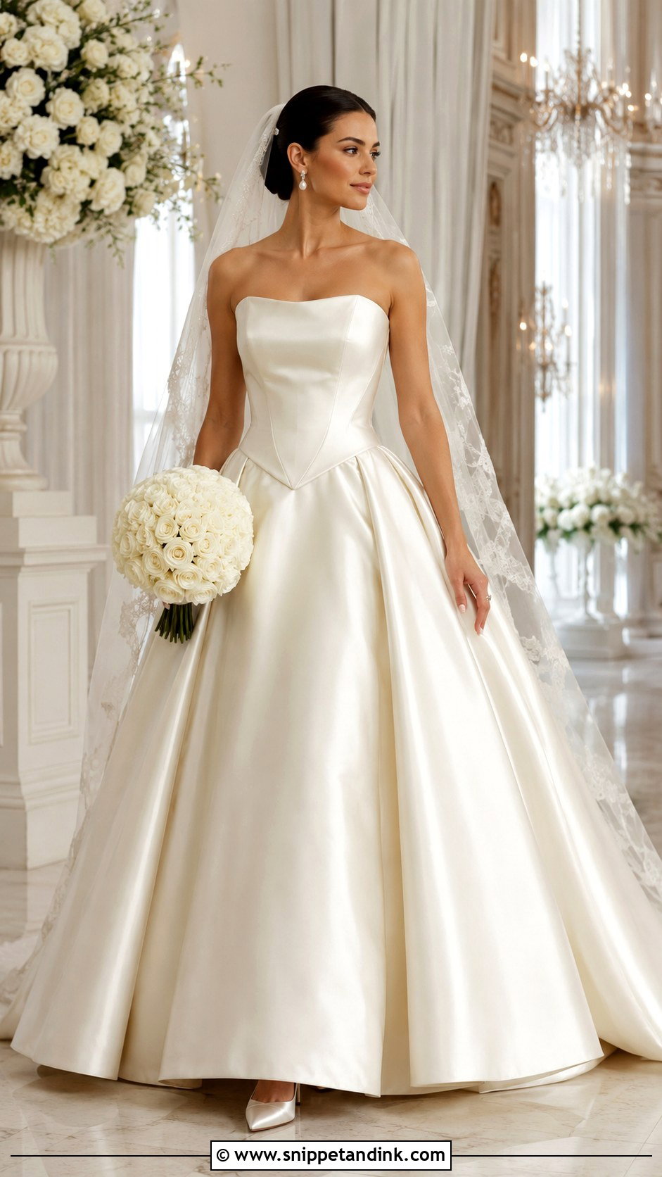Satin Basque Waist Ball Gown With Cathedral Veil - Snippet and Ink - 20 Low Waist Wedding Dresses