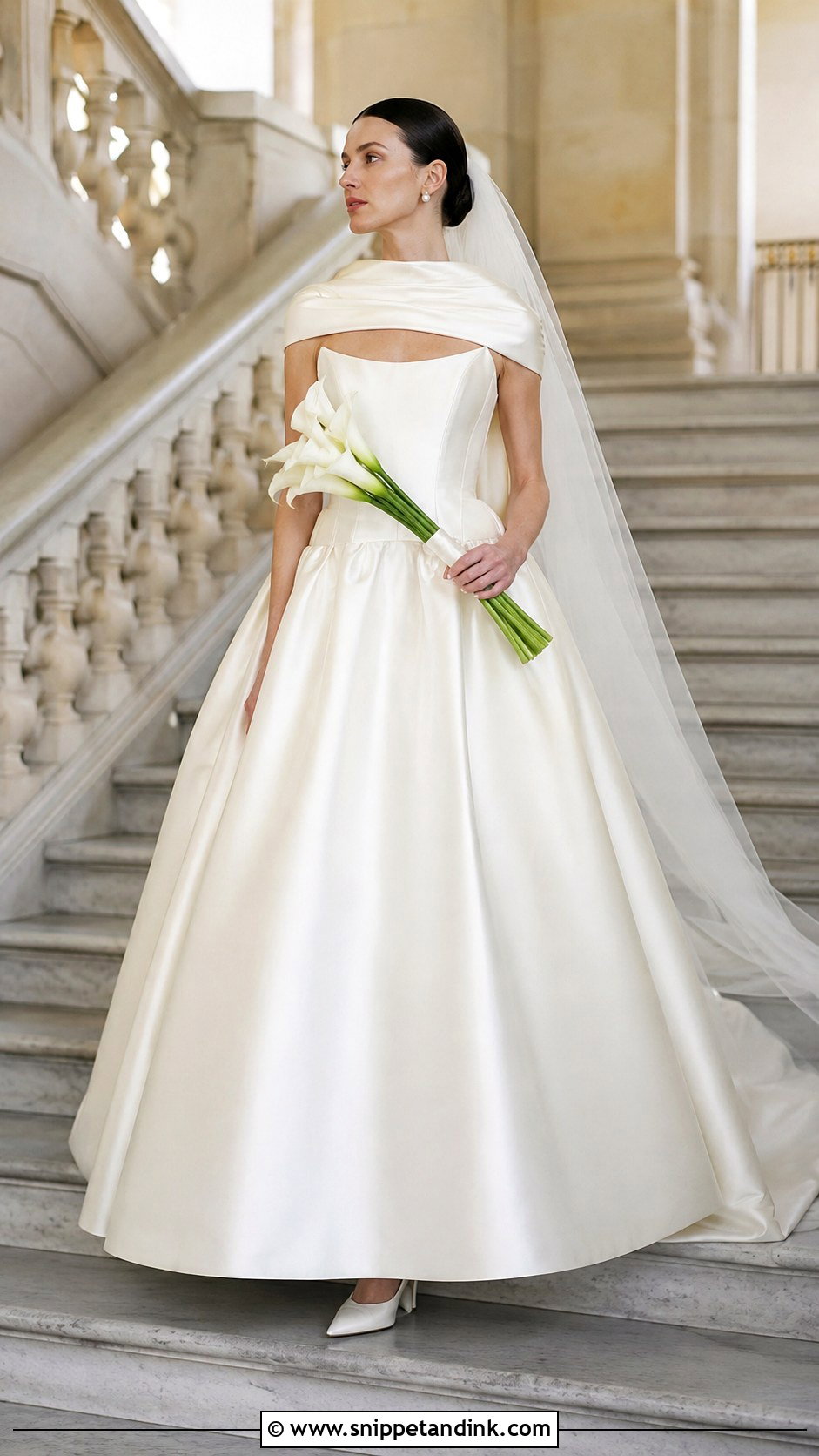 Satin Basque Waist Ball Gown With Scarf - Snippet and Ink - 20 David’s Bridal Wedding Dresses
