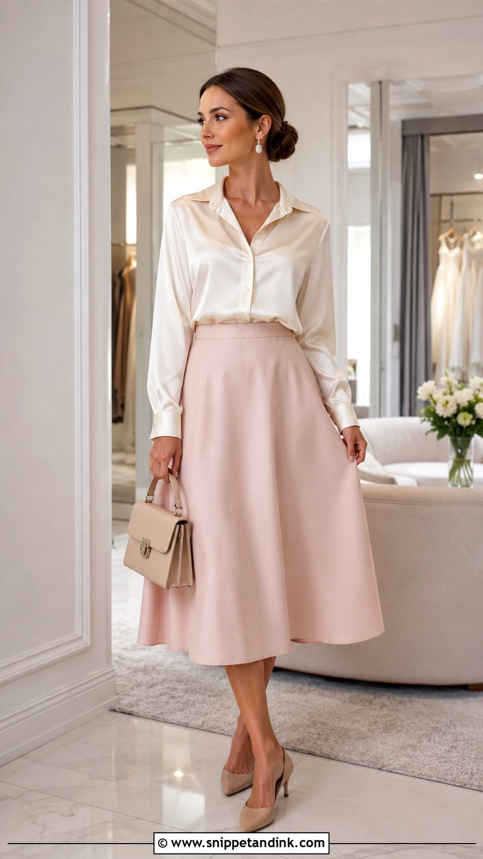 Satin Blouse And Midi Skirt Bridal Appointment Outfit - Snippet and Ink - 20 Bridal Appointment Outfit Ideas