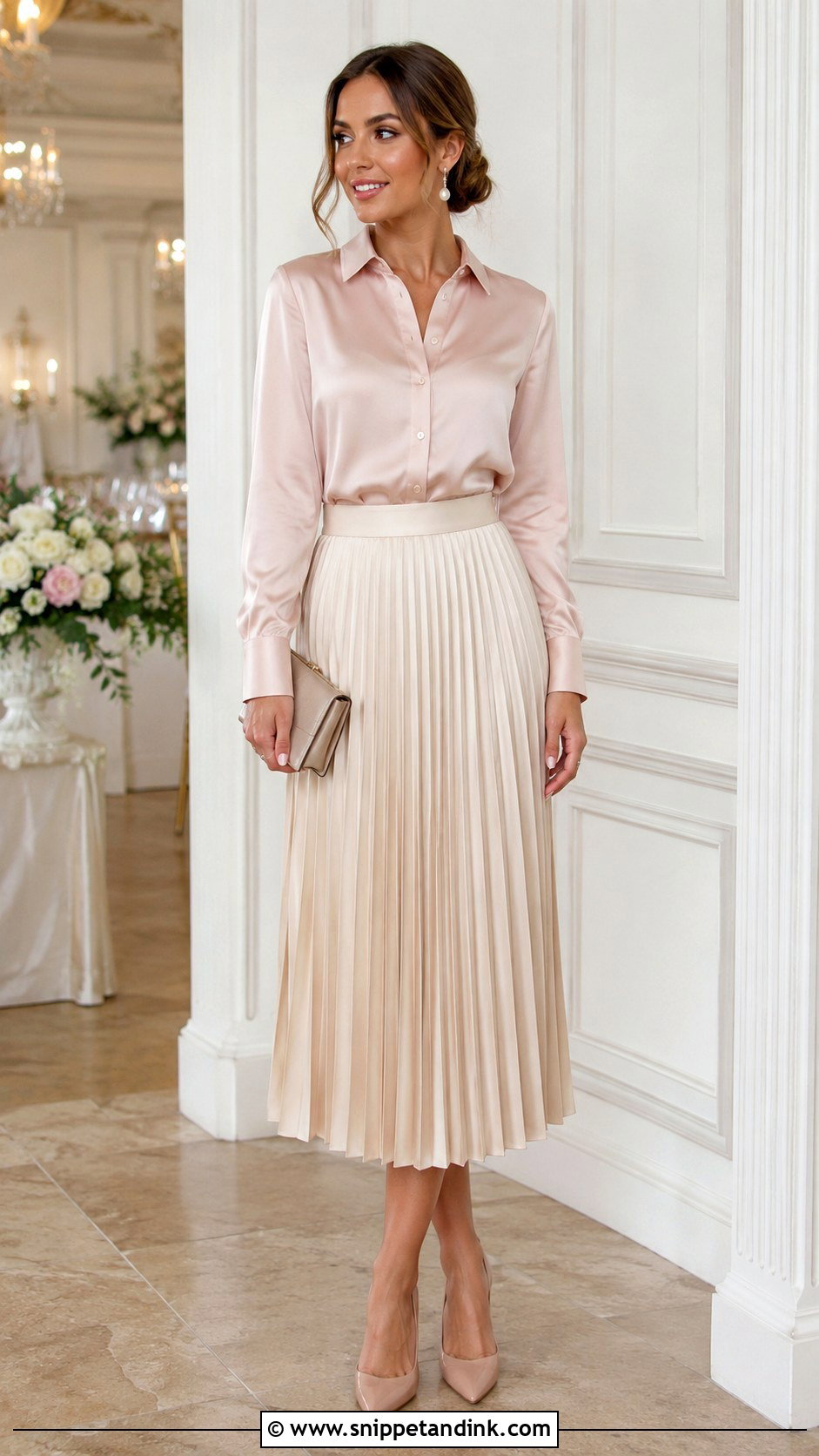 Satin Blouse And Pleated Midi Skirt Wedding Outfit - Snippet and Ink - 25 Blouse and Skirt Outfit Wedding Ideas