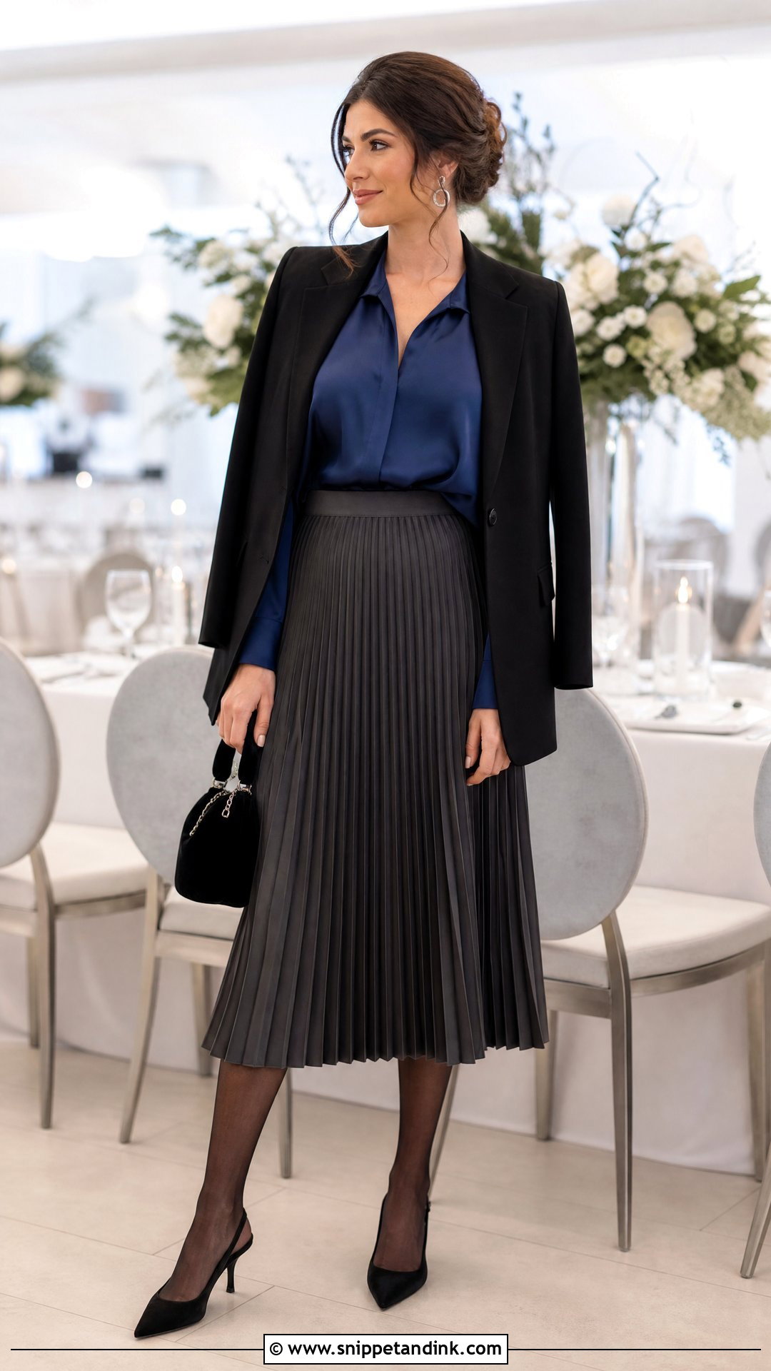 Satin Blouse And Pleated Midi Skirt Winter Wedding Outfit - Snippet and Ink - 20 Semi Formal Winter Wedding Attire Ideas