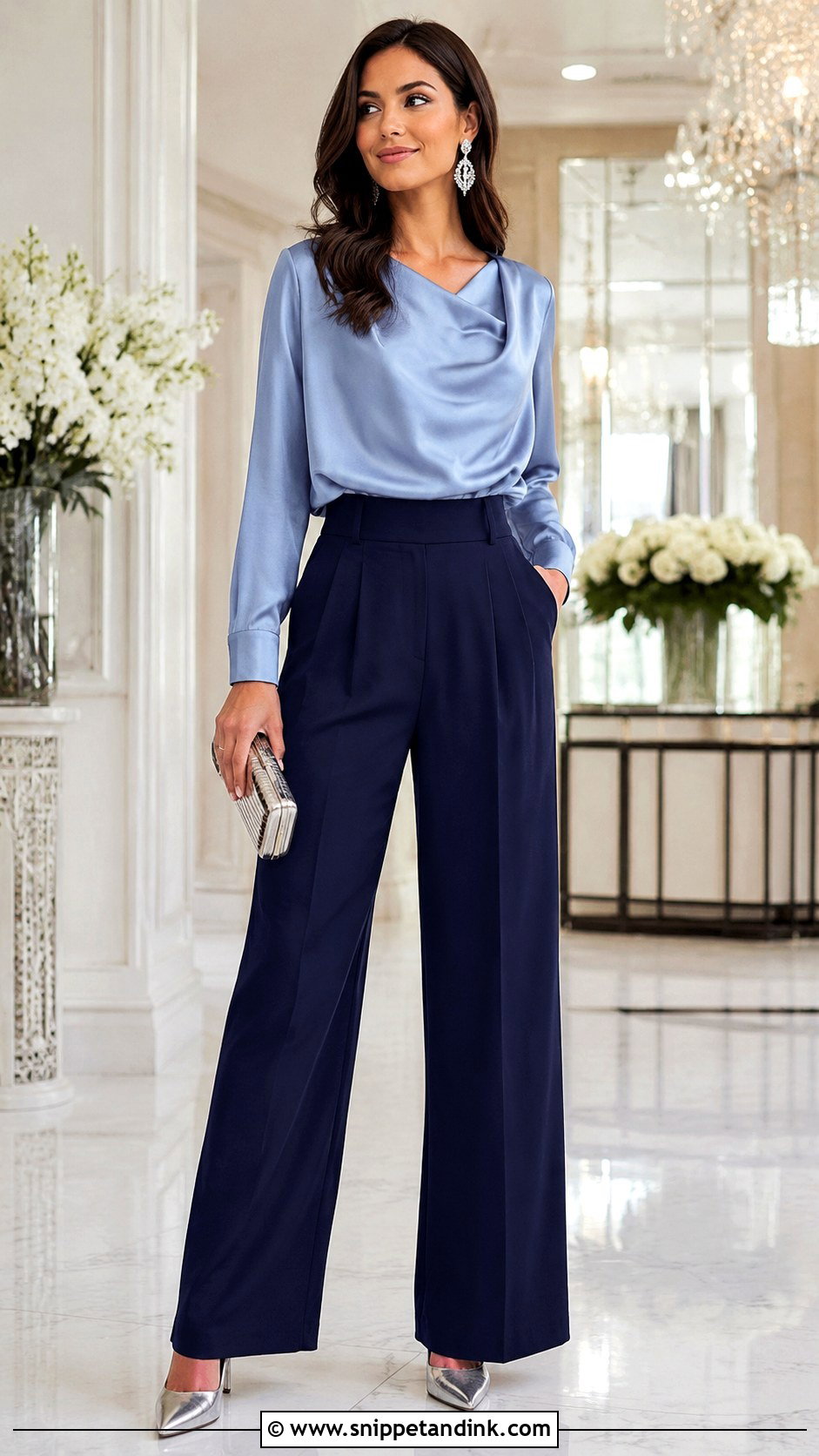 Satin Blouse With Wide Leg Pants Wedding Outfit - Snippet and Ink - 20 Blouse and Pants Wedding Outfit Ideas