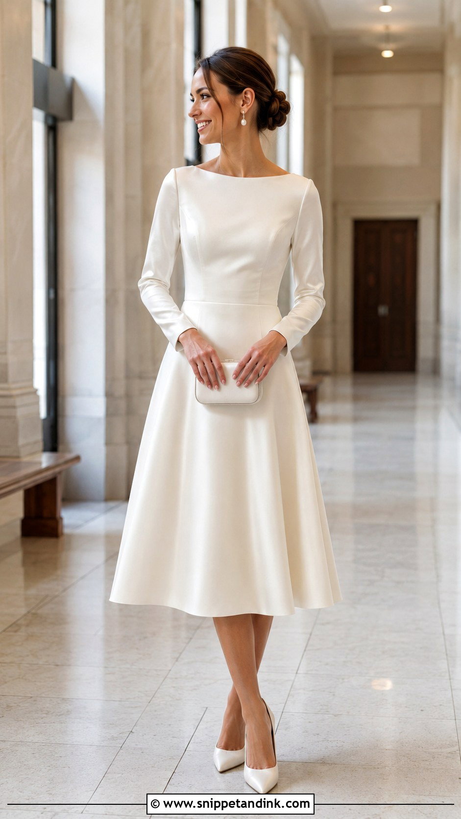 Satin Boat Neck Midi Wedding Dress With Long Sleeves - Snippet and Ink - 20 Midi Wedding Dress with Sleeves
